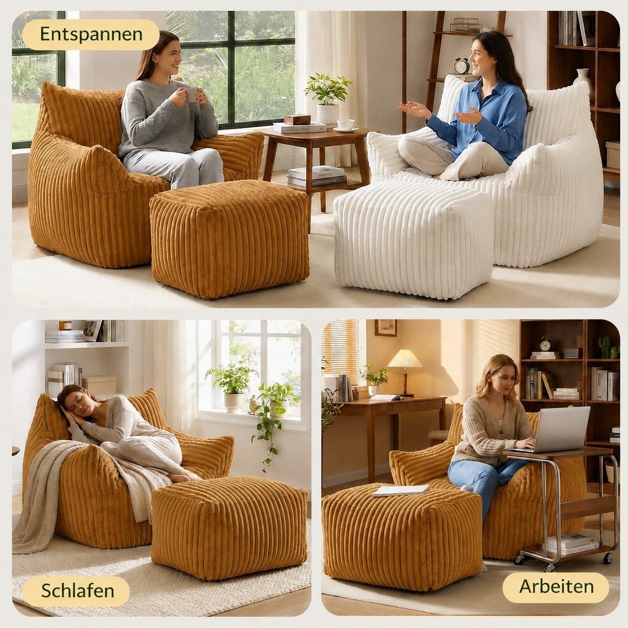 VUZINIC Sessel Corduroy-Beanbag-Stuhl mit Ottoman, Sofa aus hochdichtem Schaumstoff (2-St), Beanbag mit breiten Armlehnen – ideal für Wohnzimmer und Schlafzimme – Bild 5 von 5