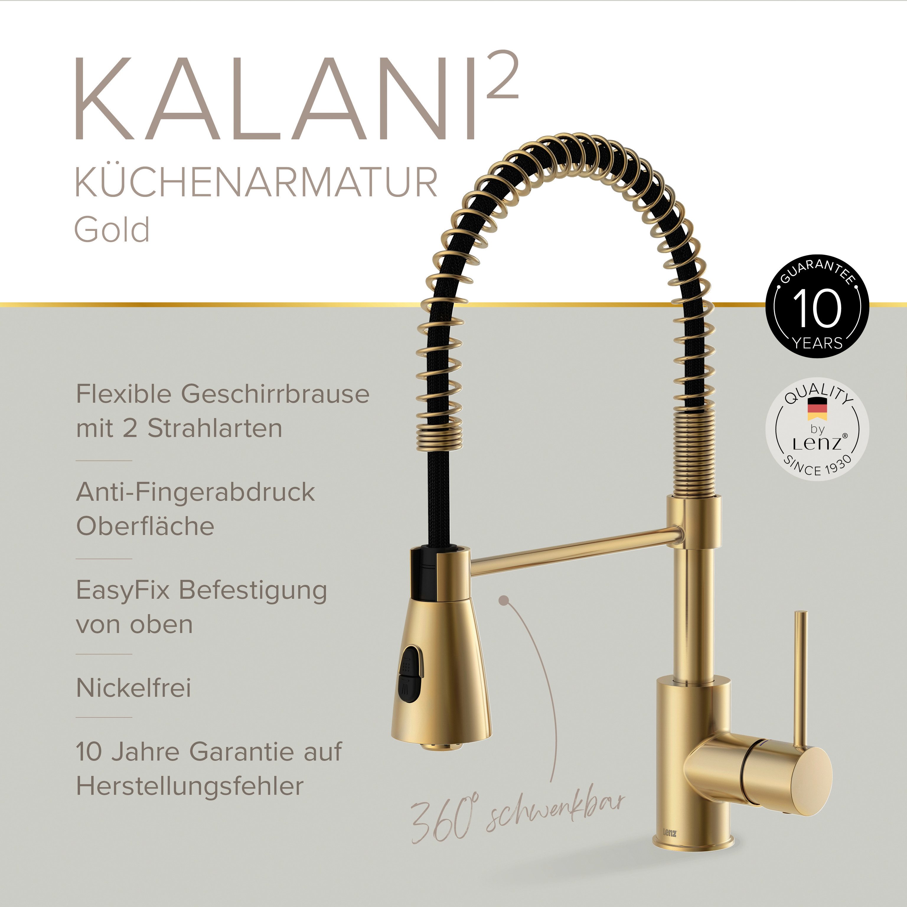 Lenz Küchenarmatur KALANI² flexible Geschirrbrause, 2 Strahlarten, 306° schwenkbar Nickelfrei