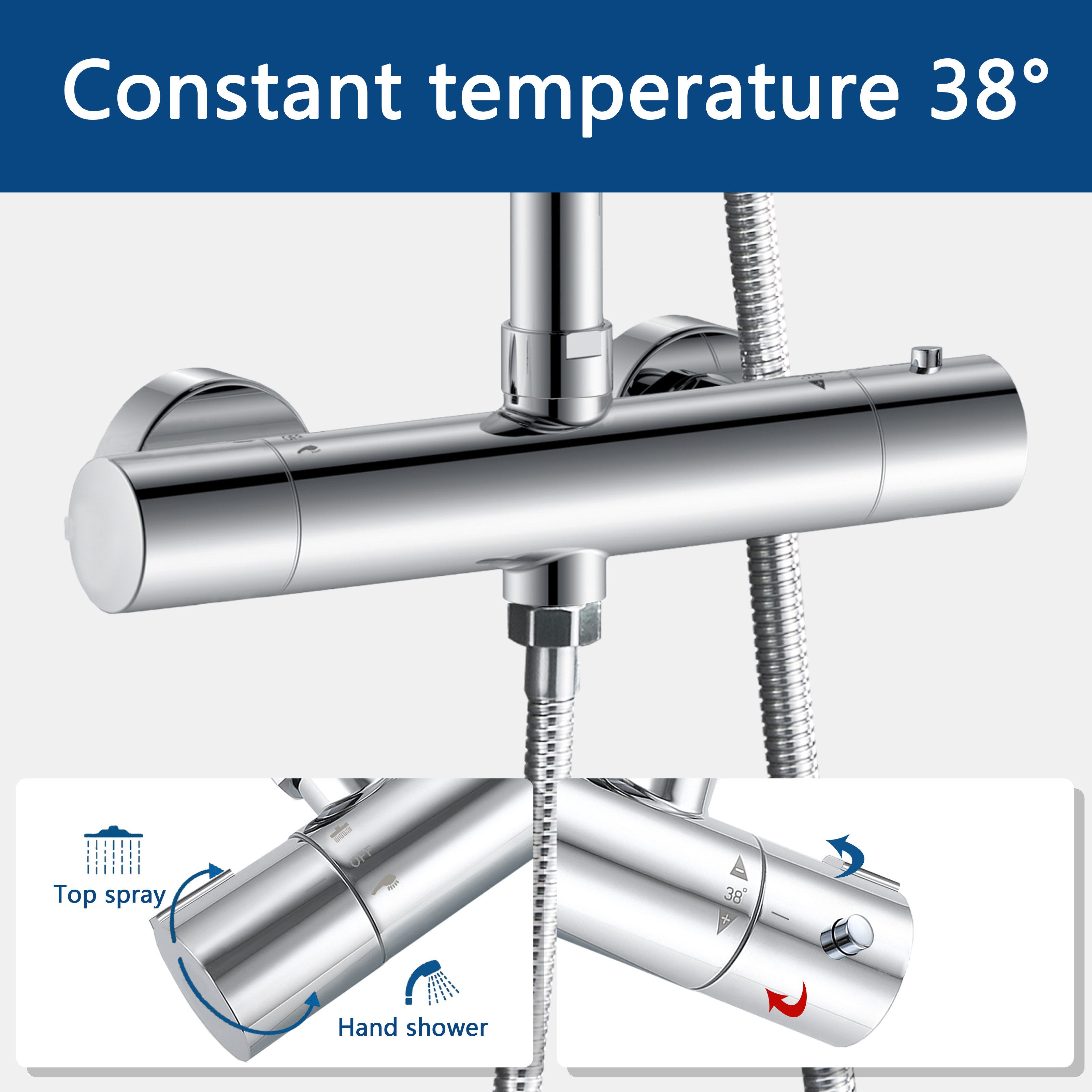 Aica Sanitär Duschsystem mit Thermostat Duscharmatur Regendusche Duschset Duschsäule Dusche, Set, Brauseschlauch mit Verdrehschutz – Bild 4 von 5