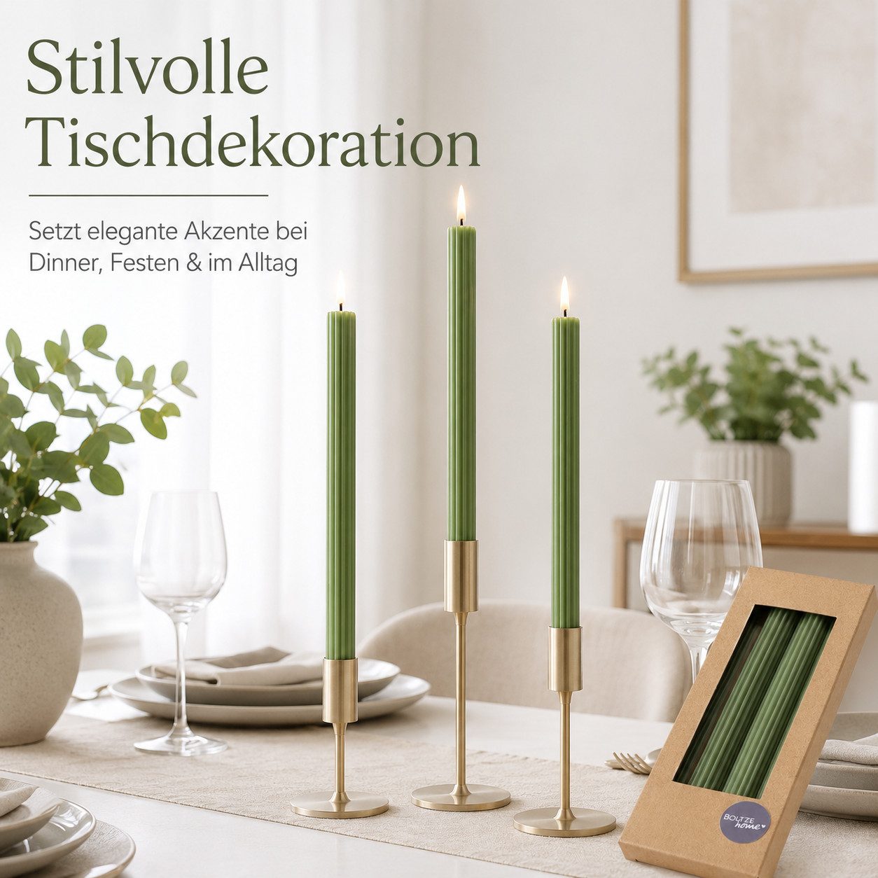 BOLTZE Tafelkerze Stabkerzen Klassik Grün 4er-Set mit Rillen 25 cm