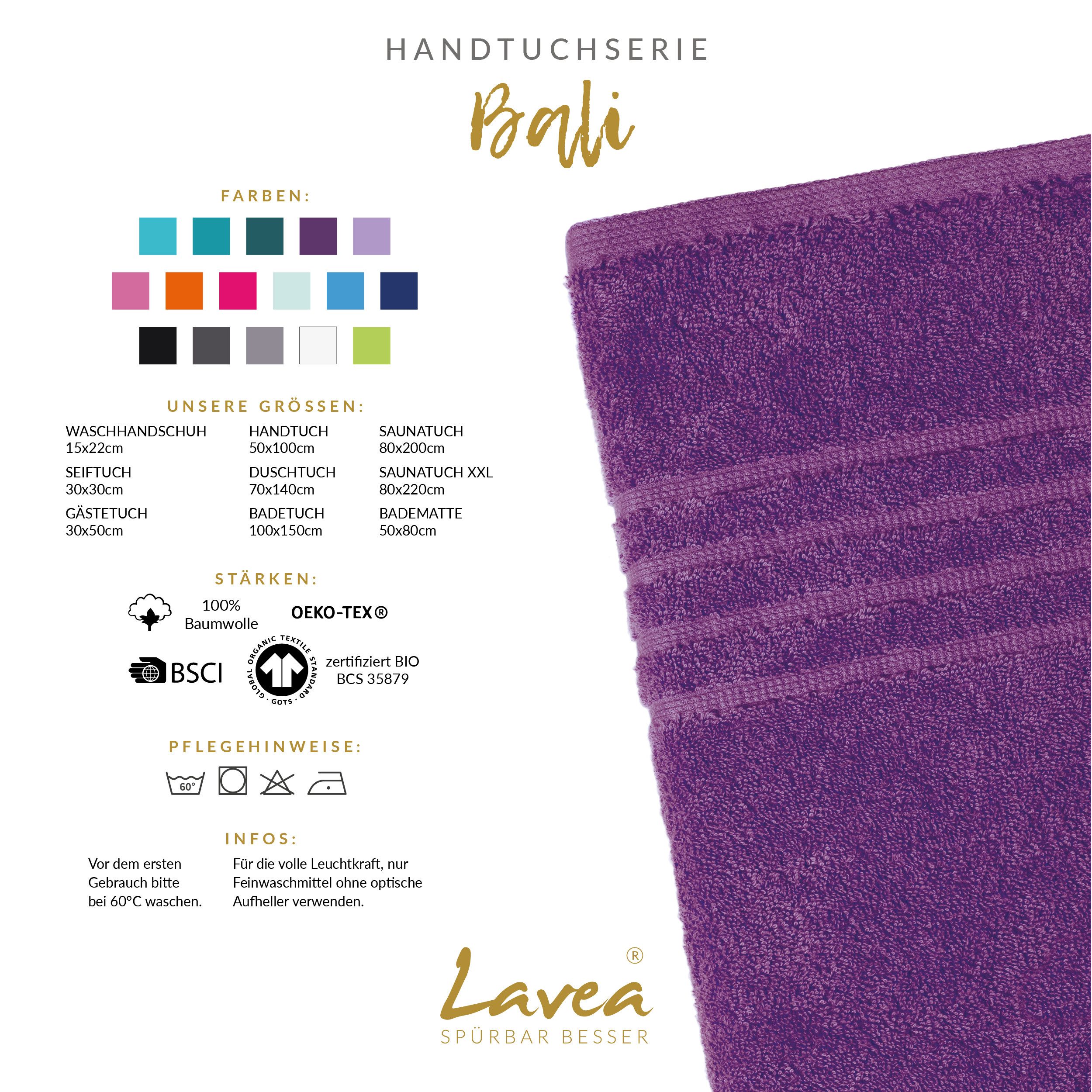Lavea Saunatuch Bali Saunahandtuch 80x200 cm Saunahandtuch XXL 80x220 cm, Weiches Bio-Baumwollfrottee (1-St), pflegeleicht, GOTS-zertifiziert, extra saugstark mit 500g/m²