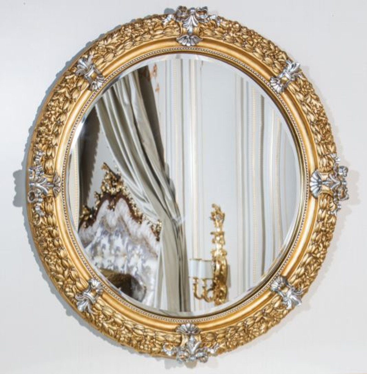 Casa Padrino Barockspiegel Luxus Barock Spiegel Gold / Silber Ø 103 cm - Prunkvoller handgeschnitzter Wandspiegel im Barockstil - Luxus Qualität - Made in Italy