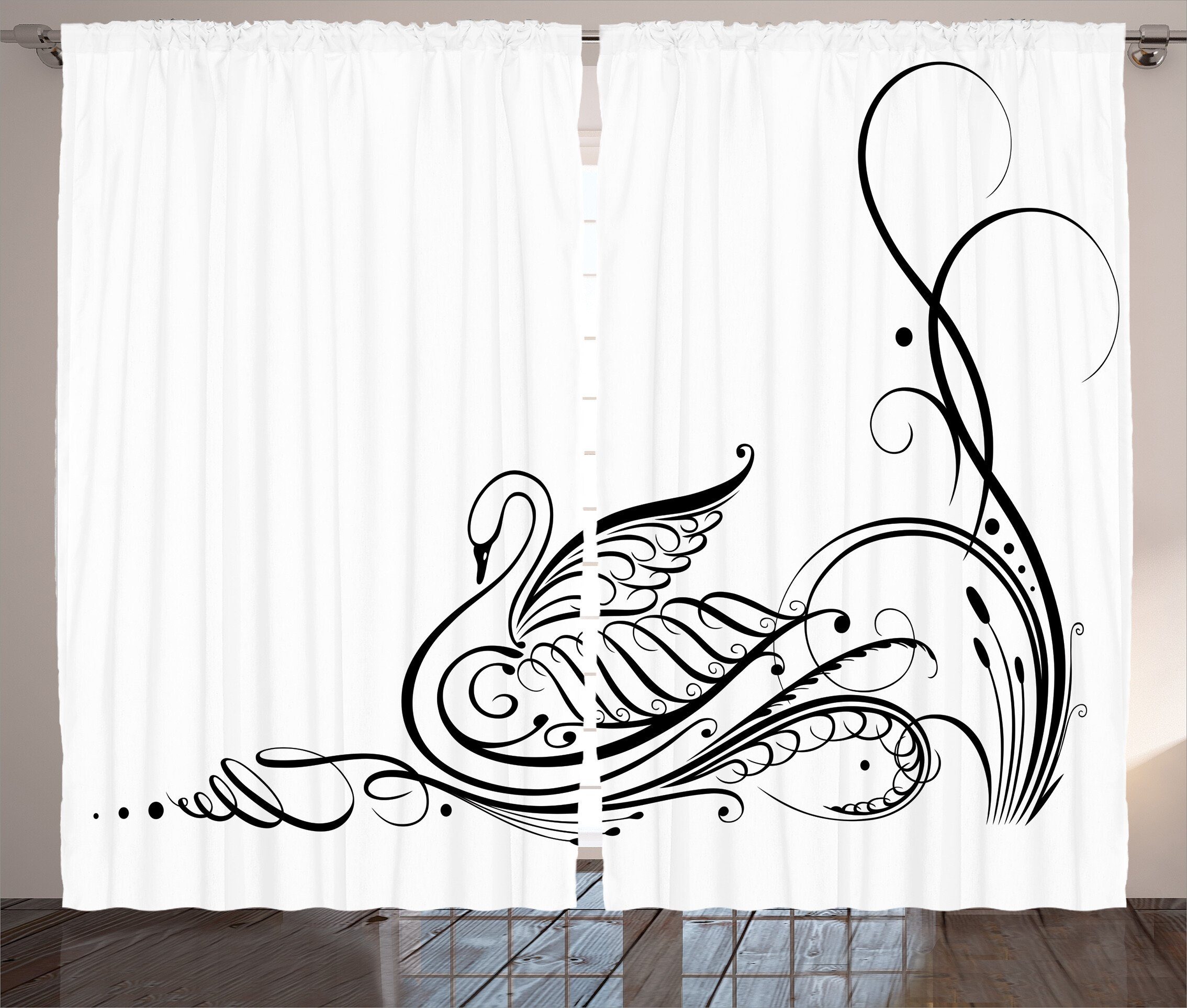 Gardine Schlafzimmer Kräuselband Vorhang und mit Tier Haken, Schlaufen Swan Black in Fluss Abakuhaus