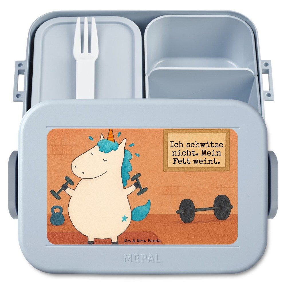 Mr. & Mrs. Panda Butterdose Einhorn Fitness Design, Bento Box, Blau Pastell, Bentobox, Pumpen, Un, Polypropylen lebensmittelecht, (Packung), Einhorn Frischhaltedose Einhörner
