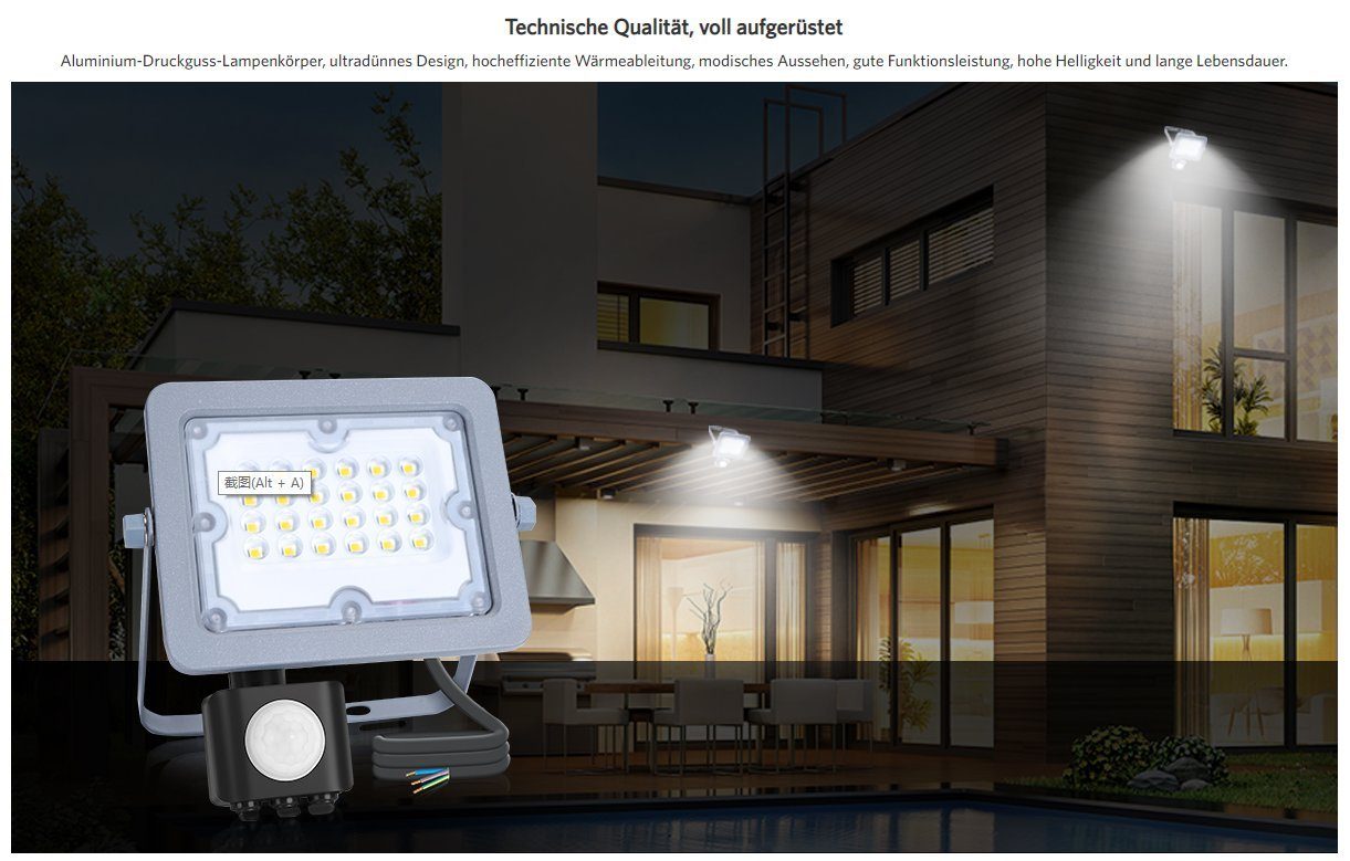 Aigostar LED Flutlichtstrahler IP65 LED Strahler Fluter Bewegungsmelder