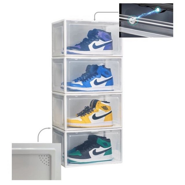 Creliv Schuhbox “hochwertige Schuhkiste, Schuhbox stapelbar, Schuhaufbewahrung als idealer Ersatz von Schuhschrank, Stapelbox mit magnetischer Seitenöffnung für Garderobe” (4 St), Magnetische transparente Tür, für Schuhe bis Größe 48