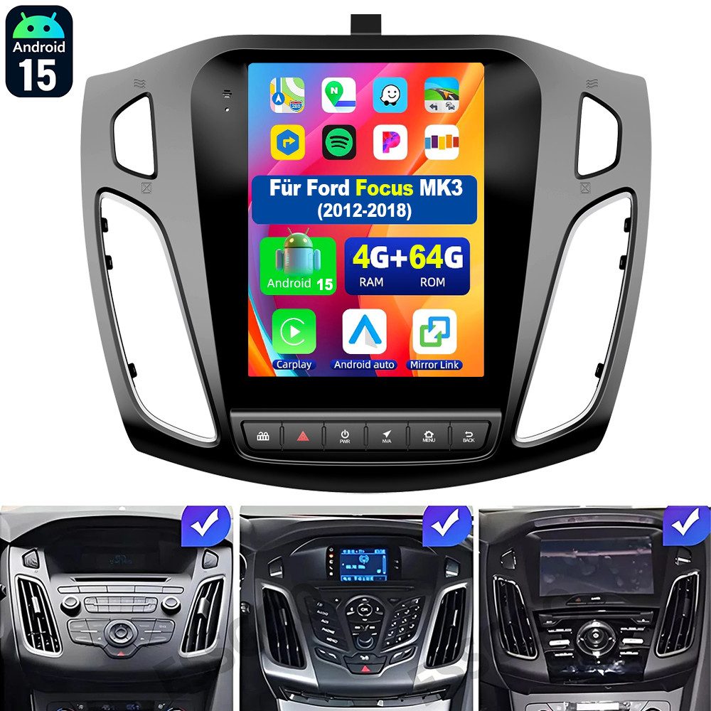 ESSGOO Android 15 CarPlay 64G Car Stereo For Ford Focus MK3 2012-2018 GPS BT Autoradio (Digitalradio (DAB), 4+64GB(optional), RDS, AM, FM, Carplay Android Auto Bluetooth EQ USB GPS Navi WIFI Touchscreen)