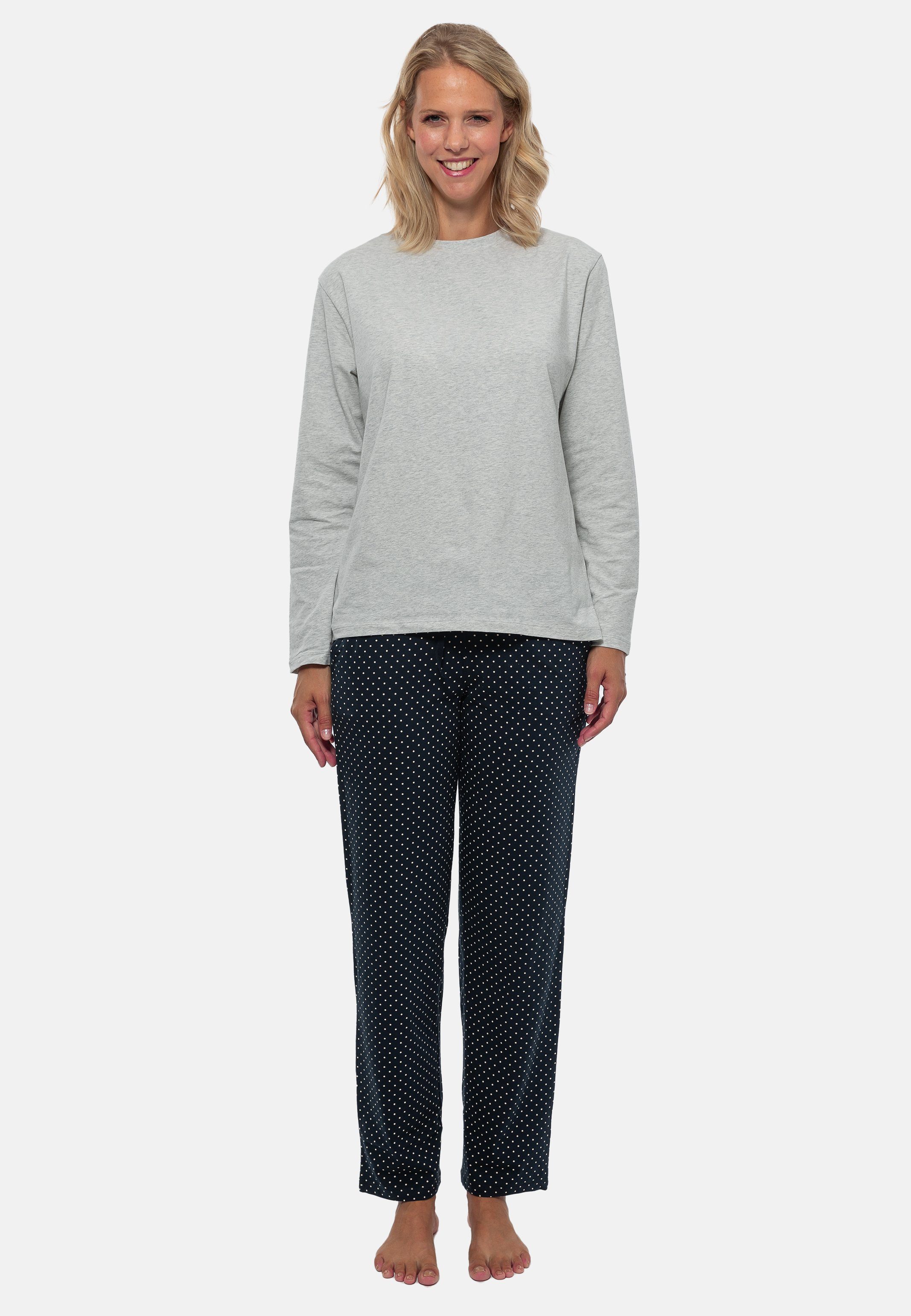 Schiesser Pyjama Organic Cotton (Set, 2 tlg) Schlafanzug - Baumwolle - Blau gepunktet / Grau