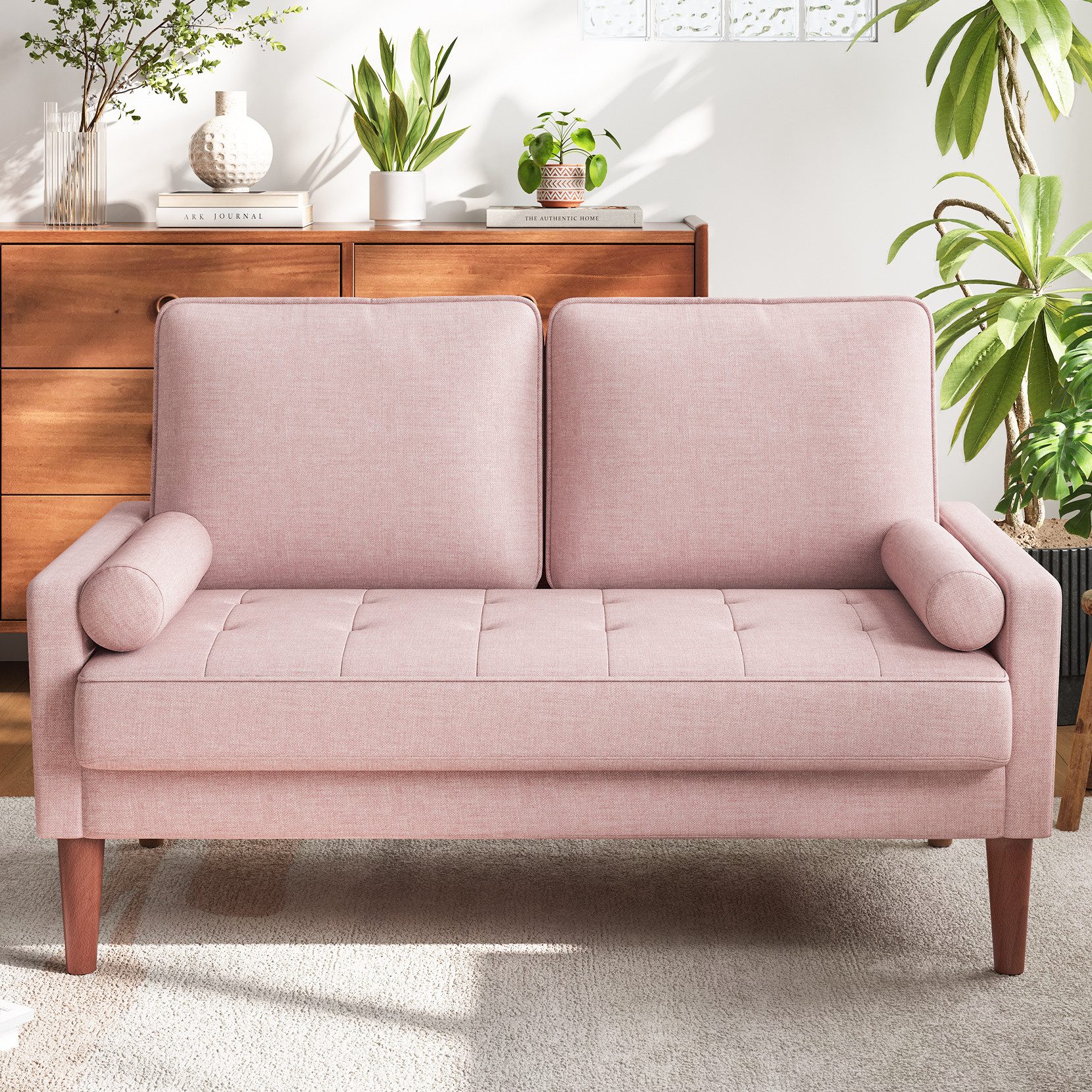 OUNUO Sofa 121cm Kleines Loveseat Sofa Couch aus Samt und Leinen mit 2 Zierkissen