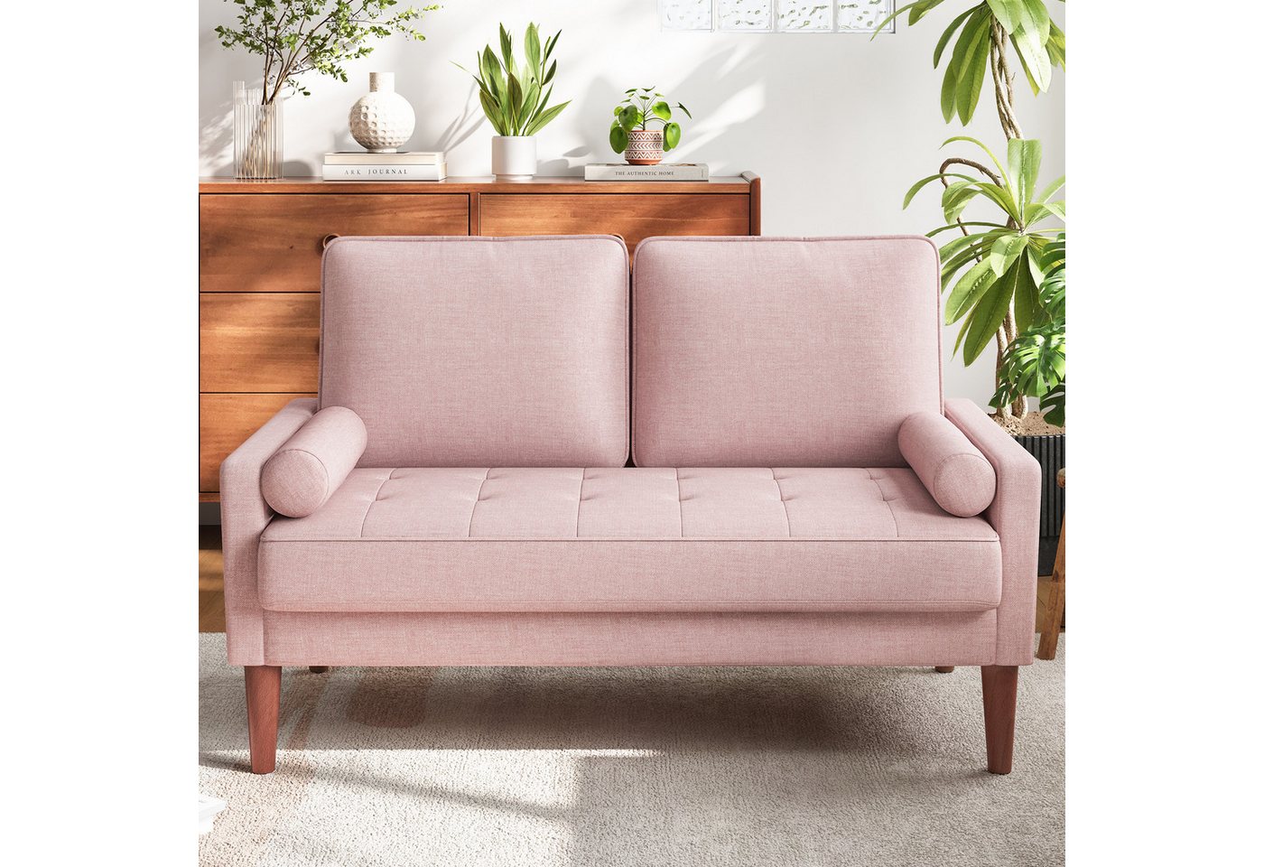 OUNUO Sofa 121cm Kleines Loveseat Sofa Couch aus Samt und Leinen mit 2 Zierkissen