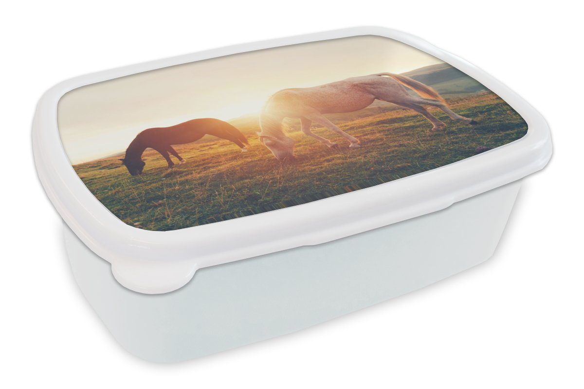 MuchoWow Lunchbox Pferde - Sonne - Tiere, Kunststoff, (2-tlg), Brotbox für Kinder und Erwachsene, Brotdose, für Jungs und Mädchen weiß