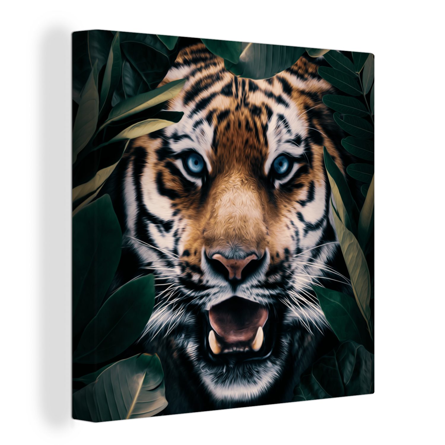 OneMillionCanvasses® Leinwandbild Tiger - Blatt - Tiere, (1 St), Leinwand Bilder für Wohnzimmer Schlafzimmer