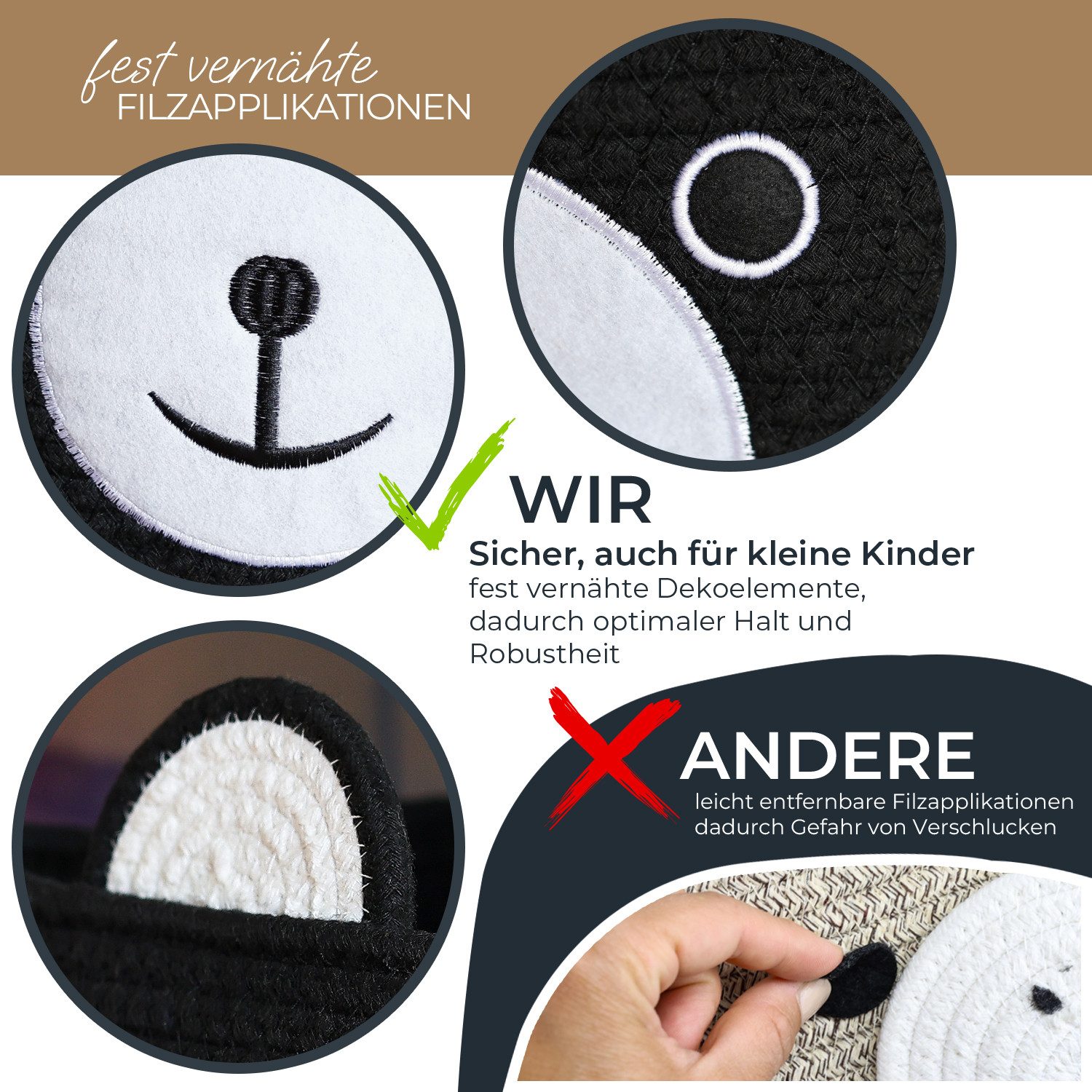 HMF Aufbewahrungskorb Aufbewahrungskorb mit versteckten Griffen, Korb für Kinderzimmer aus Baumwolle, Bär, Schwarz – Bild 4 von 5