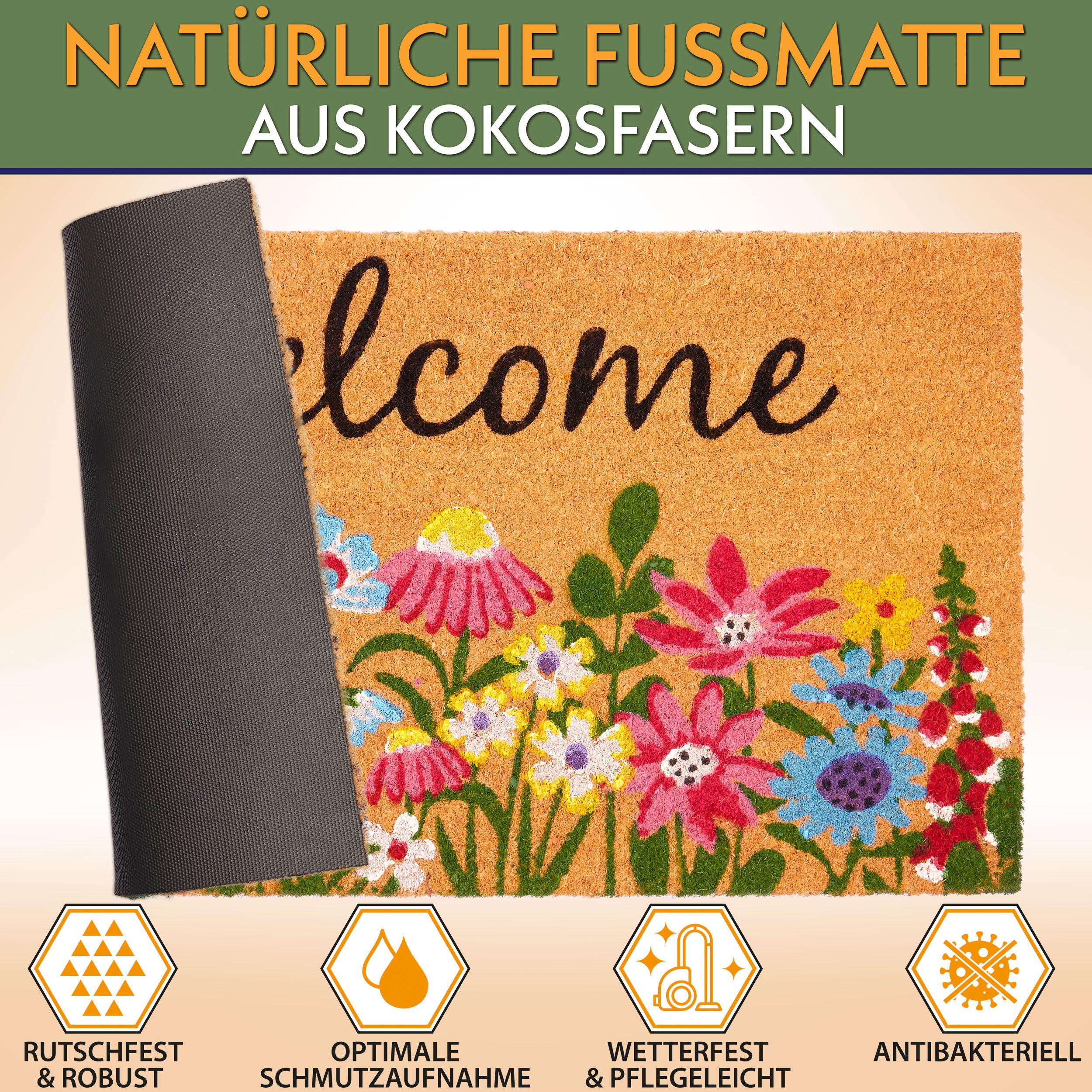 BRUBAKER Fußmatte Blumen und Pflanzen - 45 x 75 cm Schmutzfangmatte - Kokos günstig online kaufen
