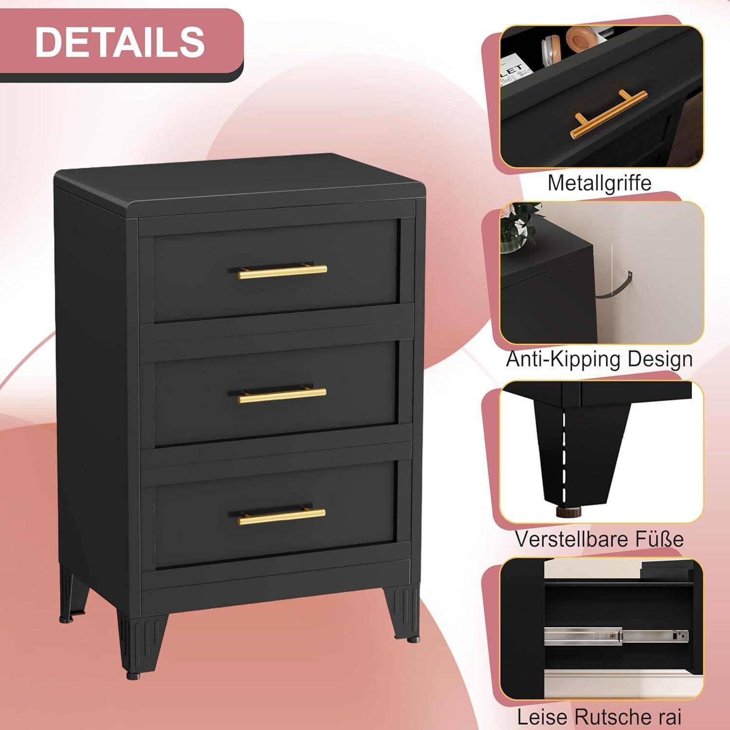 LuxusKollektion Hochkommode Kommode hohe 3 Schubladenschrank Metall rund Büro 60 x 90 cm Schwarz