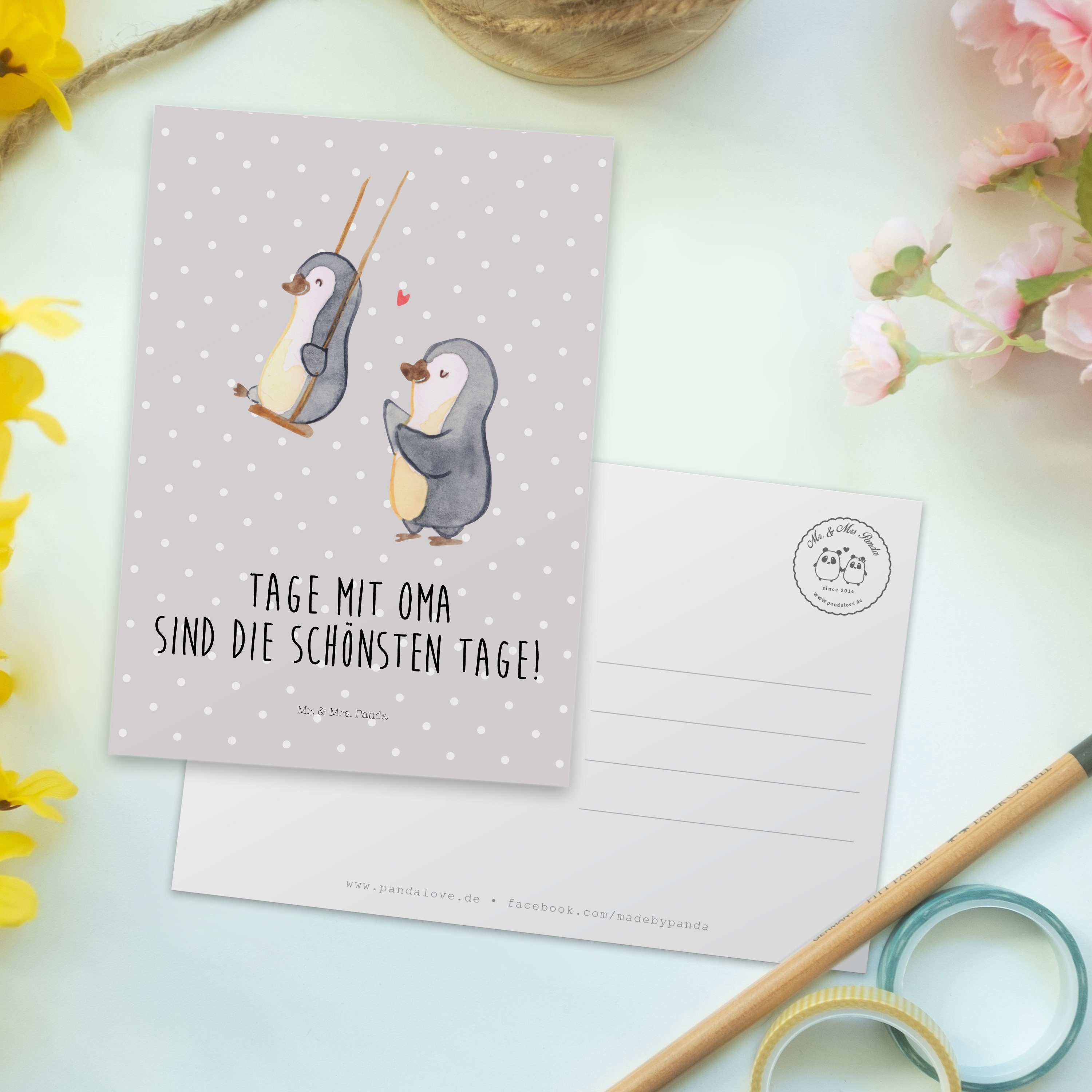 Postkarte schaukeln - Mr. Mrs. Geschenk, Enkelkind, Pastell & Einladung Grau Panda Oma - Pinguin