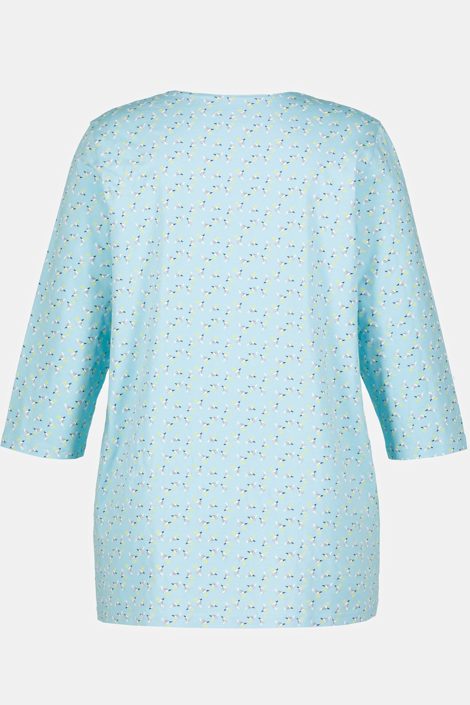 Ulla Popken Rundhalsshirt Shirt A-Linie Tunika-Ausschnitt hellblau Möwen 3/4-Arm