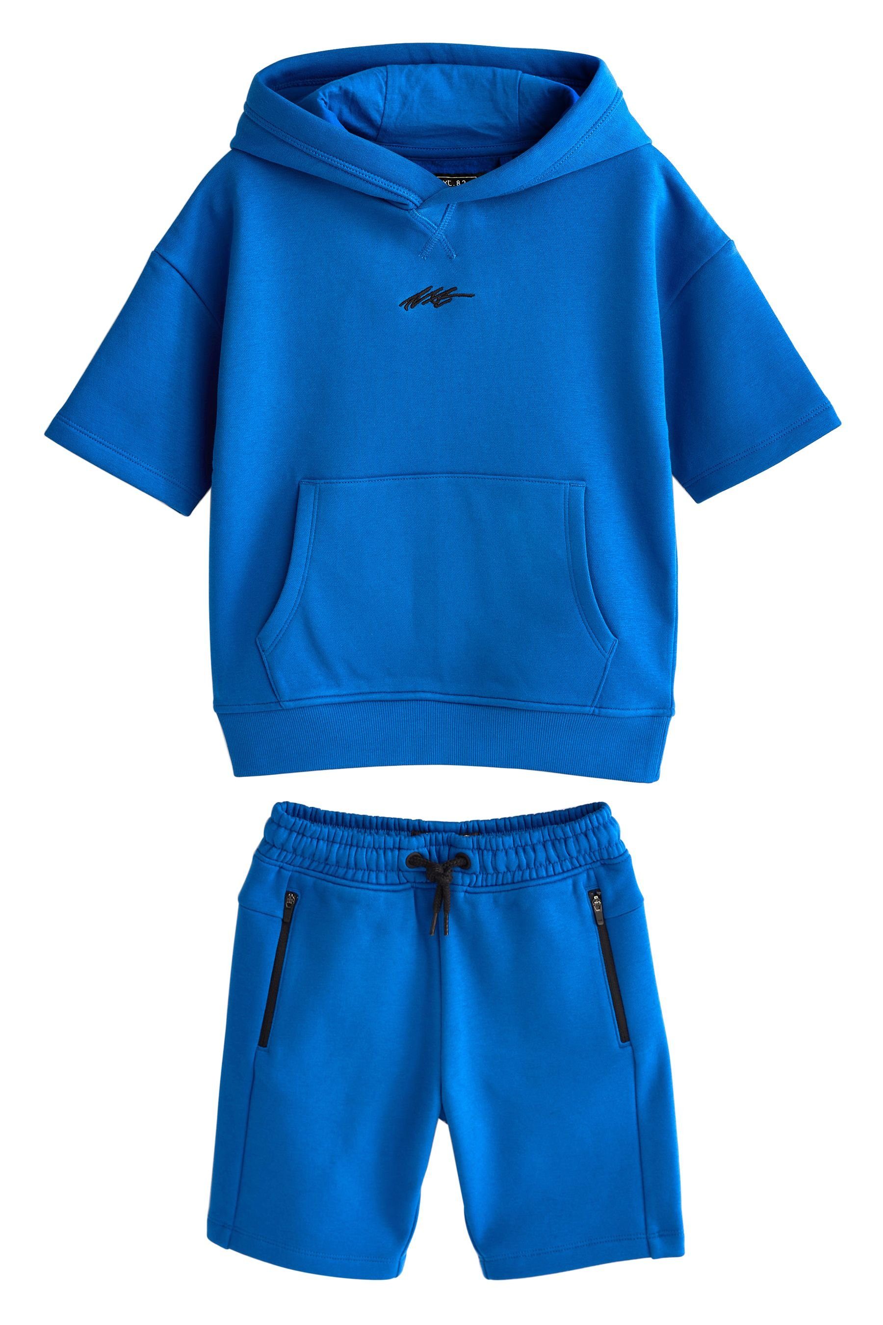 Next Shirt im (2-tlg) & Kurzärmeliges Shorts Cobalt Kapuzensweatshirt Set Shorts und Blue