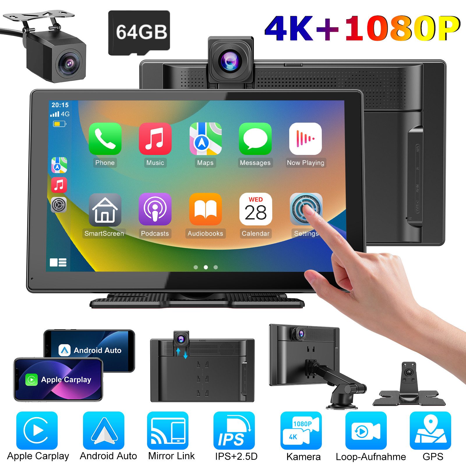 ESSGOO 9'' 4K Wireless Carplay Android Auto real 4K Dashcam Rückfahrkamera Navigationsgerät