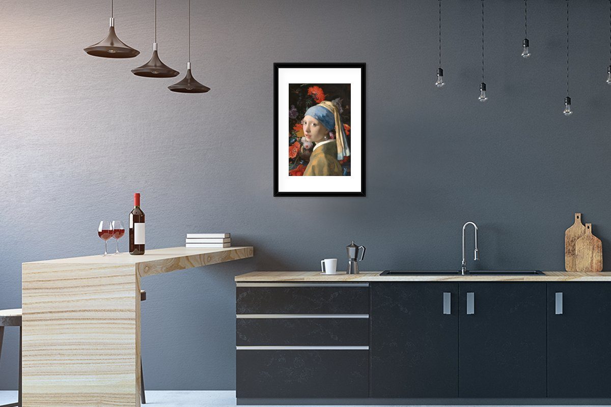 MuchoWow Poster Das Mädchen mit dem Perlenohrring - Johannes Vermeer - Blumen, (1 St), mit Rahmen, Kunstdruck, Gerahmtes Poster, Schwarzem Bilderrahmen