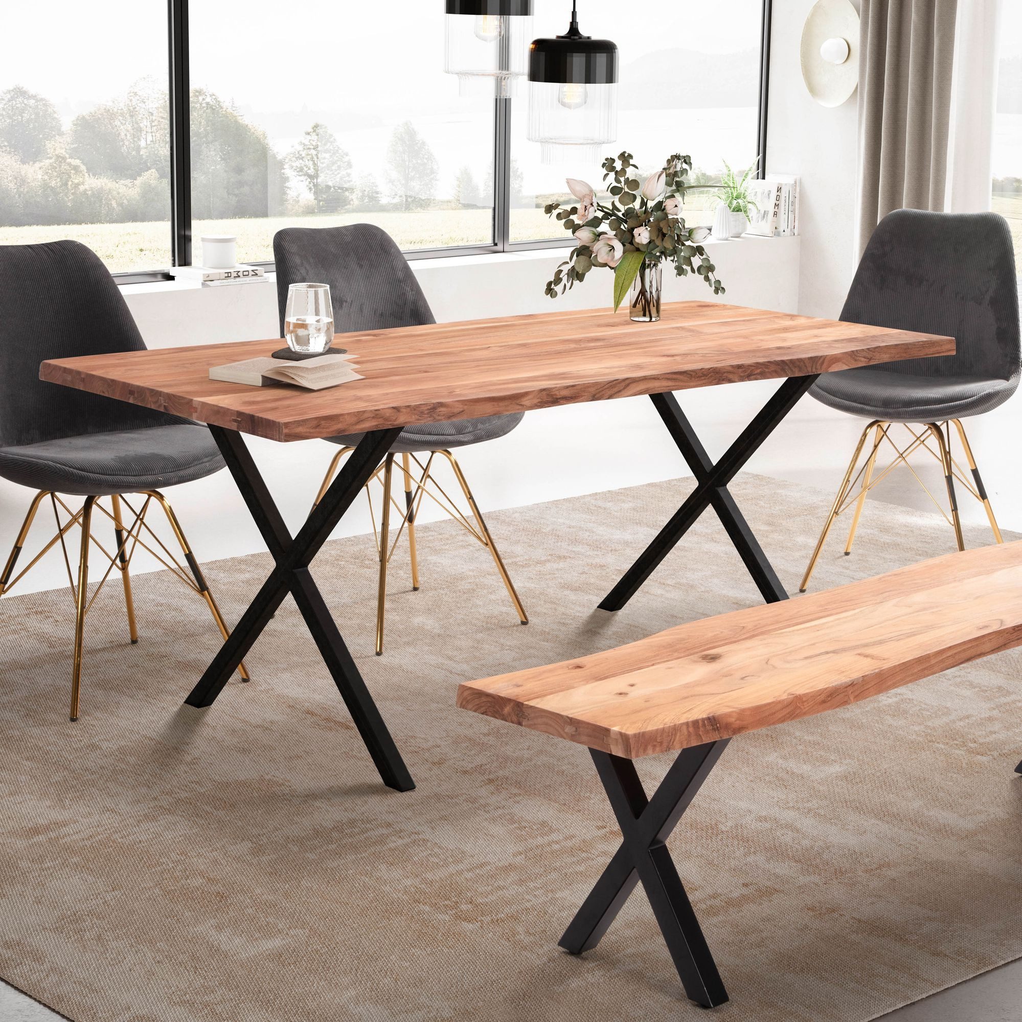 Wohnling Esstisch WL7.254 Esszimmertisch 180 cm Akazie Massivholz Küchentisch Baumkante (180x90x76 cm Akazie Massivholz, Baumkante Modern), Esszimmertisch X-Beine, Holztisch Esszimmer