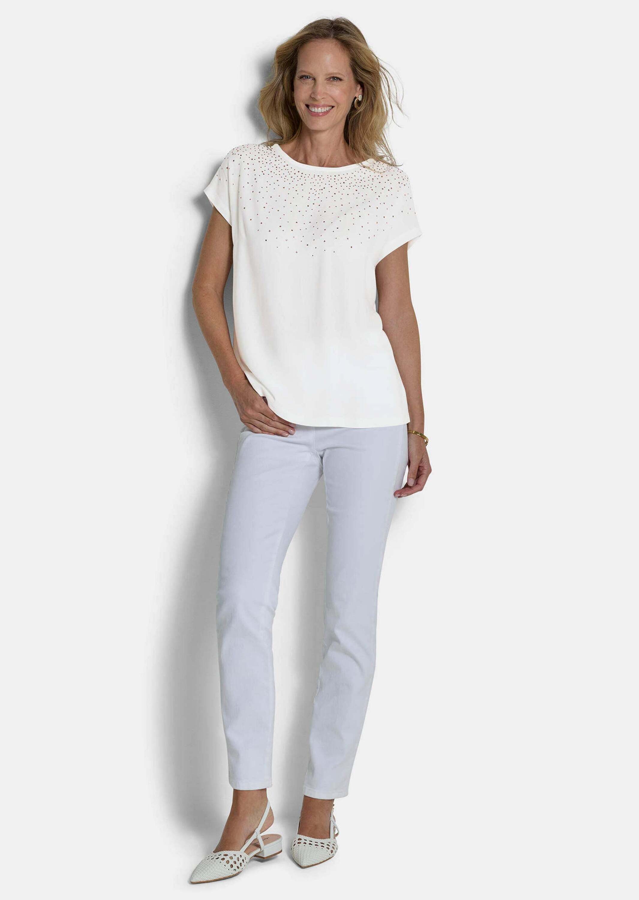 GOLDNER T-Shirt Jerseyshirt mit Glitzersteinen Viskoseshirt mit U-Boot-Ausschnitt und Viertelarm
