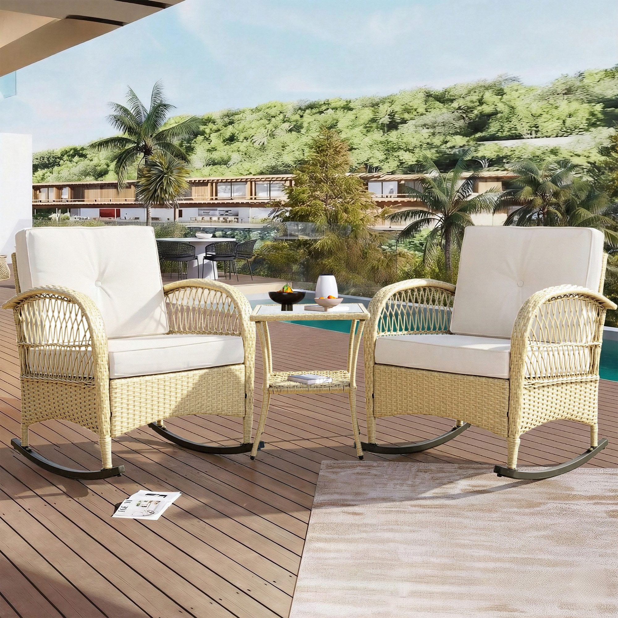 BlingBin Gartenlounge-Set 3er Set Garten-Loungestuhl-Set, Gartenmöbel-Set, Rattan Balkonset, (2 Sessel und 1 Couchtisch, 3-tlg., Produktladung: 160kg, Füllung: Seidenbaumwolle, Schwamm), Akazienplatte mit Grauen Kissen, Verzinktes Eisen, Beige