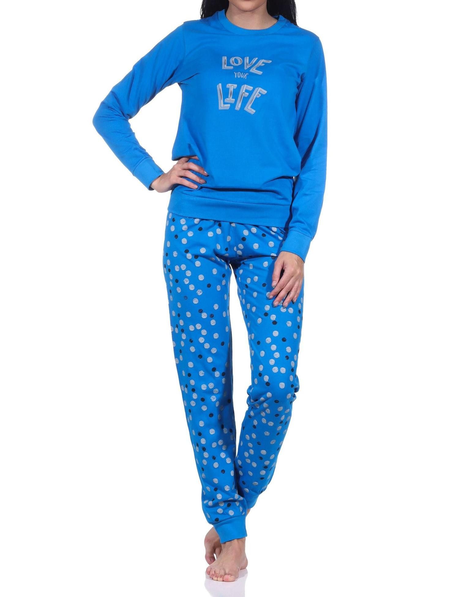 Normann Pyjama Normann Damen langarm Schlafanzug mit Bündchen in Herz Punkte Optik