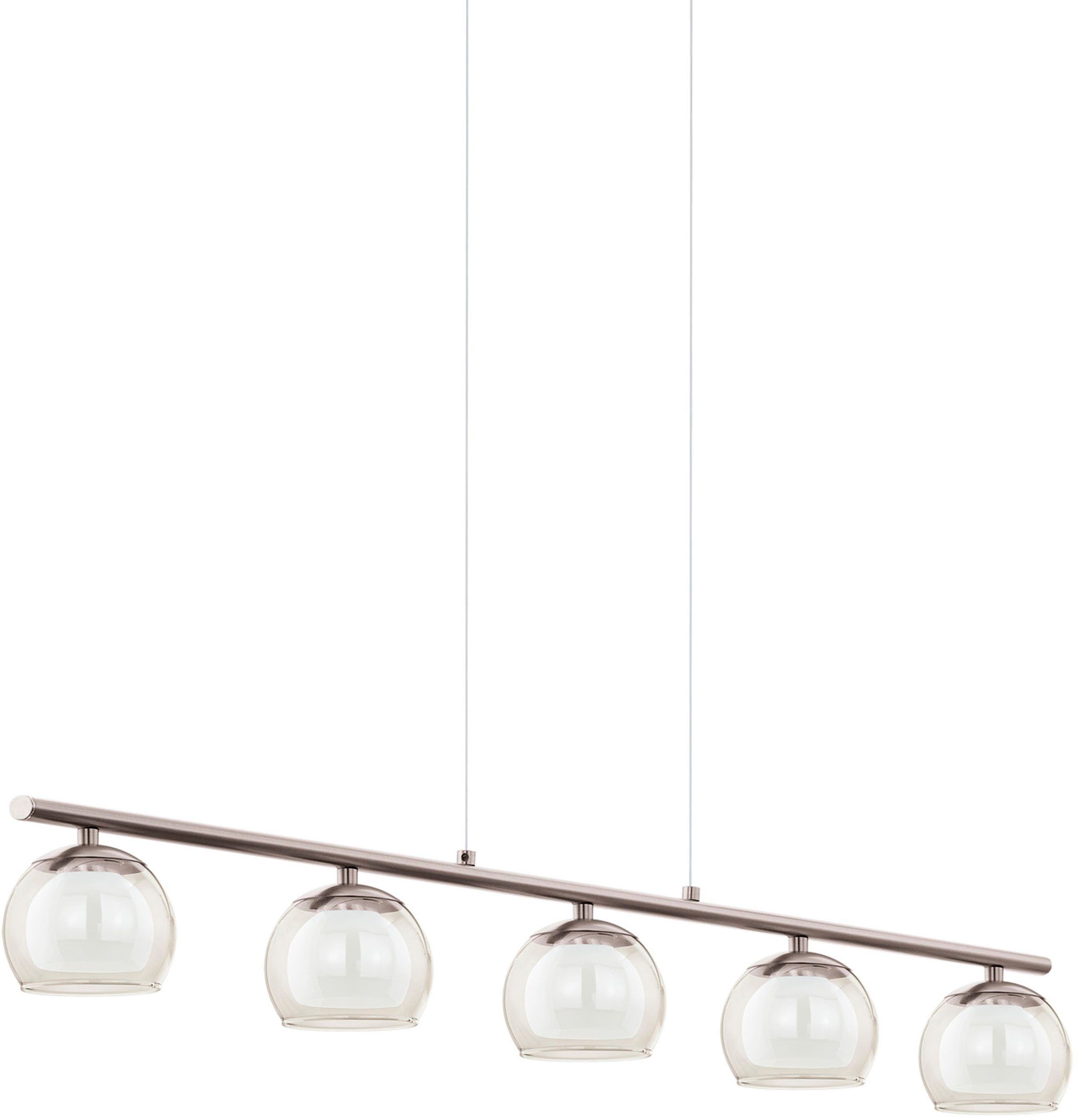 EGLO Hängeleuchte ROMAGNESE Pendellampe, Stahl und Glas, IP20, Esstischlampe, Lampe, LED fest integriert, Warmweiß, Hängeleuchte, L90 x B10,5 x H110, nickel-matt, 5X3,3W inkl.