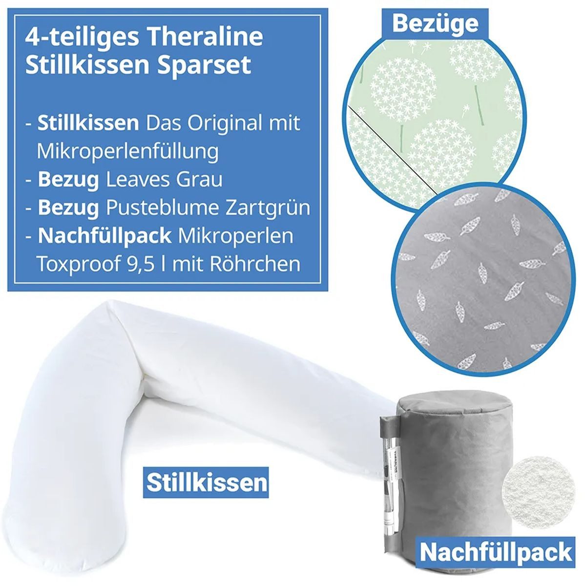 Theraline Stillkissen Das Original - Leaves & Pusteblume, Schwangerschaftskissen, Seitenschläferkissen 190 cm inkl. Nachfüllpack