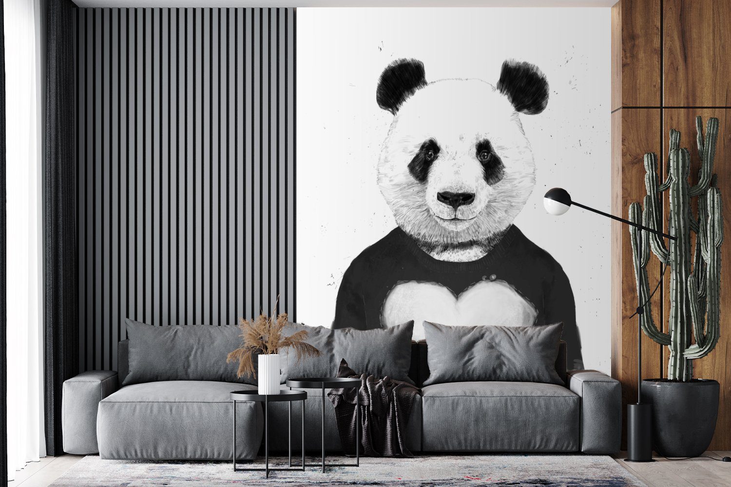 - Fototapete Tiere, - Vinyl Tapete (4 Matt, Pullover Herz bedruckt, Wohnzimmer, St), - Wandtapete MuchoWow Montagefertig für Panda