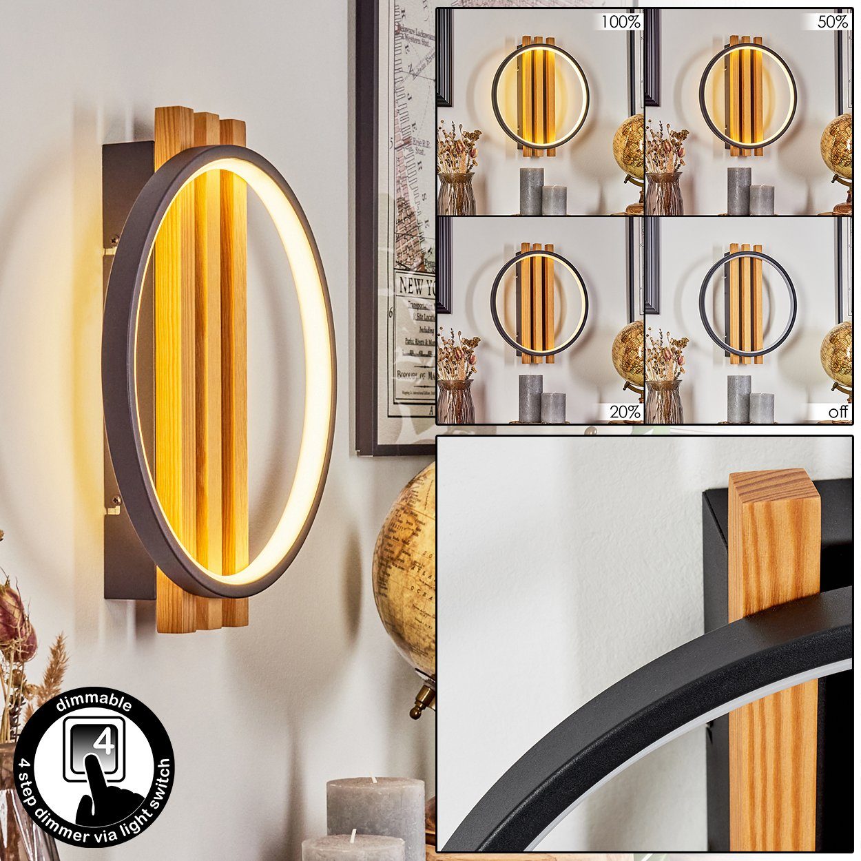 hofstein Wandleuchte dimmbare Wandlampe aus Metall/Holz/Kunststoff in Schwa günstig online kaufen