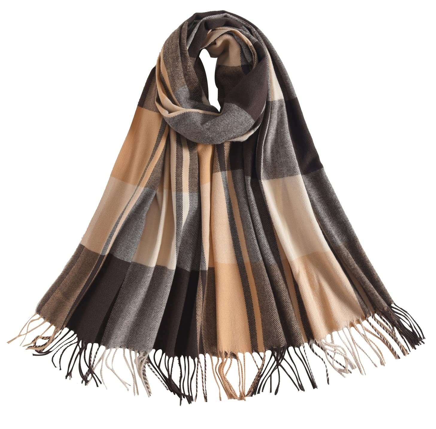 Coonoor Modeschal Damen Kariert Oversized Schal mit Fransen, Winterschal Weich Wraps, Karo Fransen Schals Warm für Herbst Winter, Mischfarbe