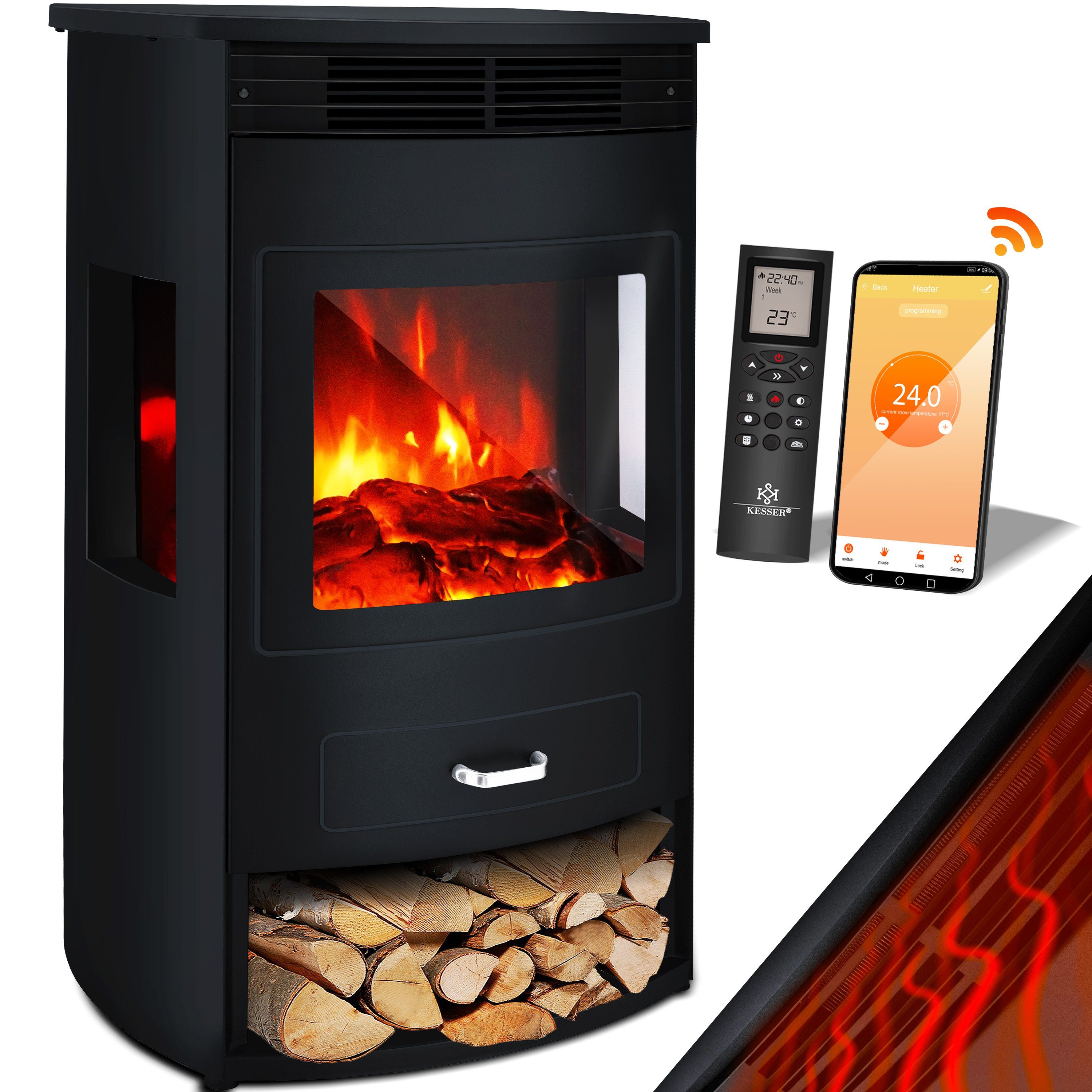 KESSER Elektrokamin, Prio Elektrokamin mit Heizung Heizlüfter Fernbedienung WiFi