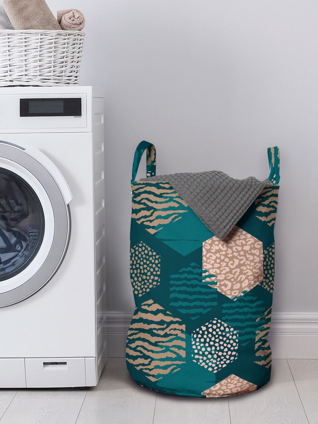 Abakuhaus mit verschiedenen Waschsalons, Wäschesäckchen Hexagone Griffen für Wäschekorb in Leopard Drucken Kordelzugverschluss