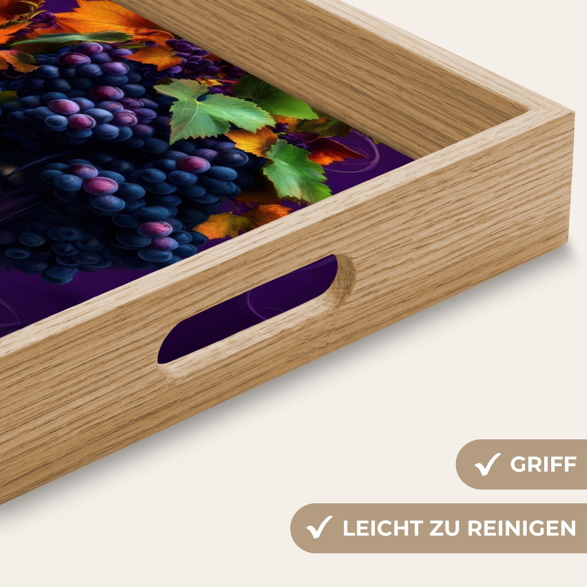OnlyWow Tablett Rechteckig mit Henkel Frau - Lila - Weintrauben, Eichenholz, (1-tlg), Siervierplatte, Tray, Frühstücksbrett