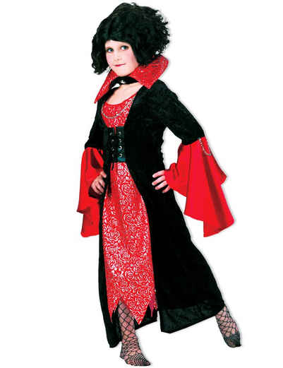 Funny Fashion Vampir-Kostüm Vampiress Kostüm für Mädchen - Langes Kinderkleid mit Stehkragen Schwarz Rot
