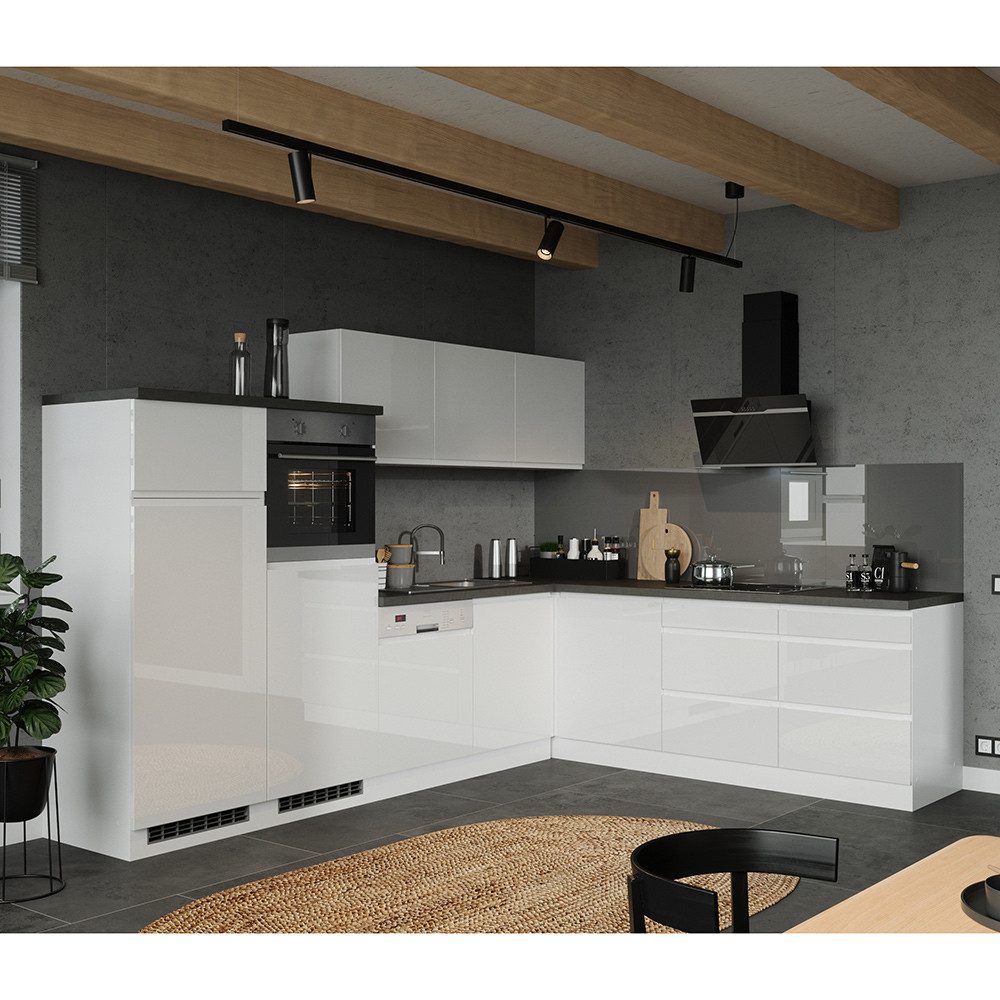 Lomadox Кухніzeile MARSEILLE-03, Winkelküche 300/240cm, Hochglanz weiß & Betonoptik, ohne E-Geräte