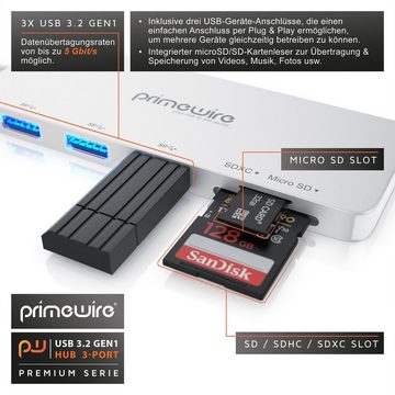 Primewire USB-Adapter USB-C zu USB 3.0 Typ A, microSD, SD, 15 cm, 3-Port USB 3.2 Gen1 Hub inkl. Kartenlesegerät microSD/SD Karten Slot