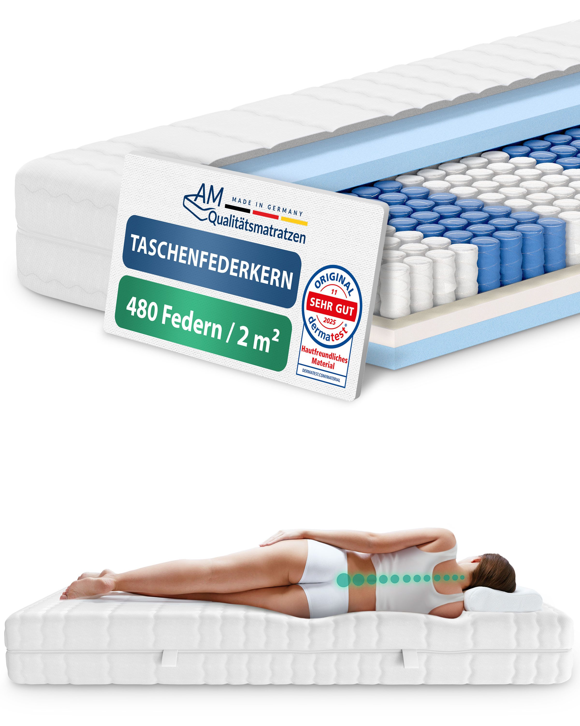 Taschenfederkernmatratze 7-Zonen Federkernmatratze, Ergonomische Matratze, Made in Germany, AM Qualitätsmatratzen, 20 cm hoch, 90x200 cm