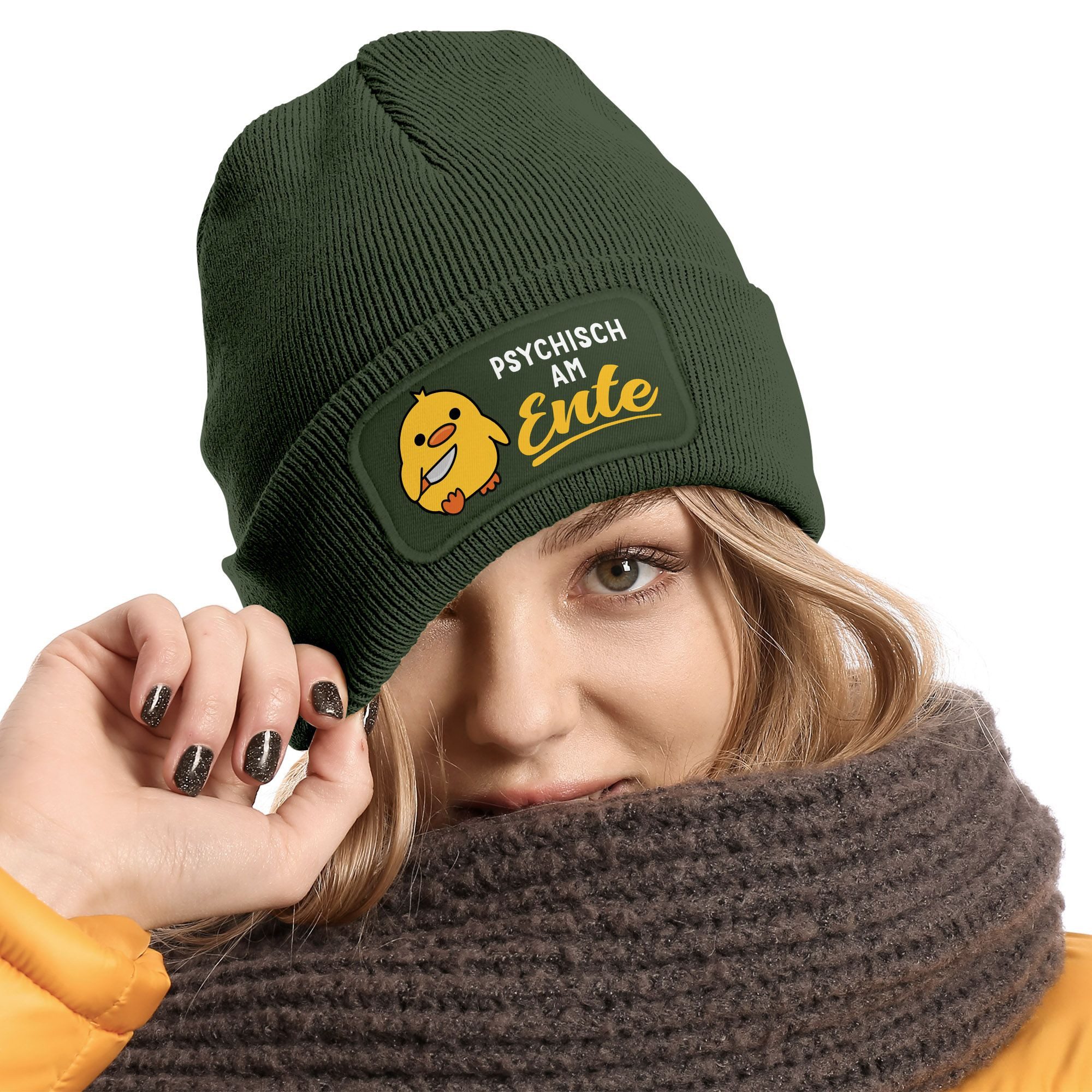 MoonWorks Strickmütze Damen Beanie Patch Strickmütze Spruch Meme Lustig Psychisch am Ente