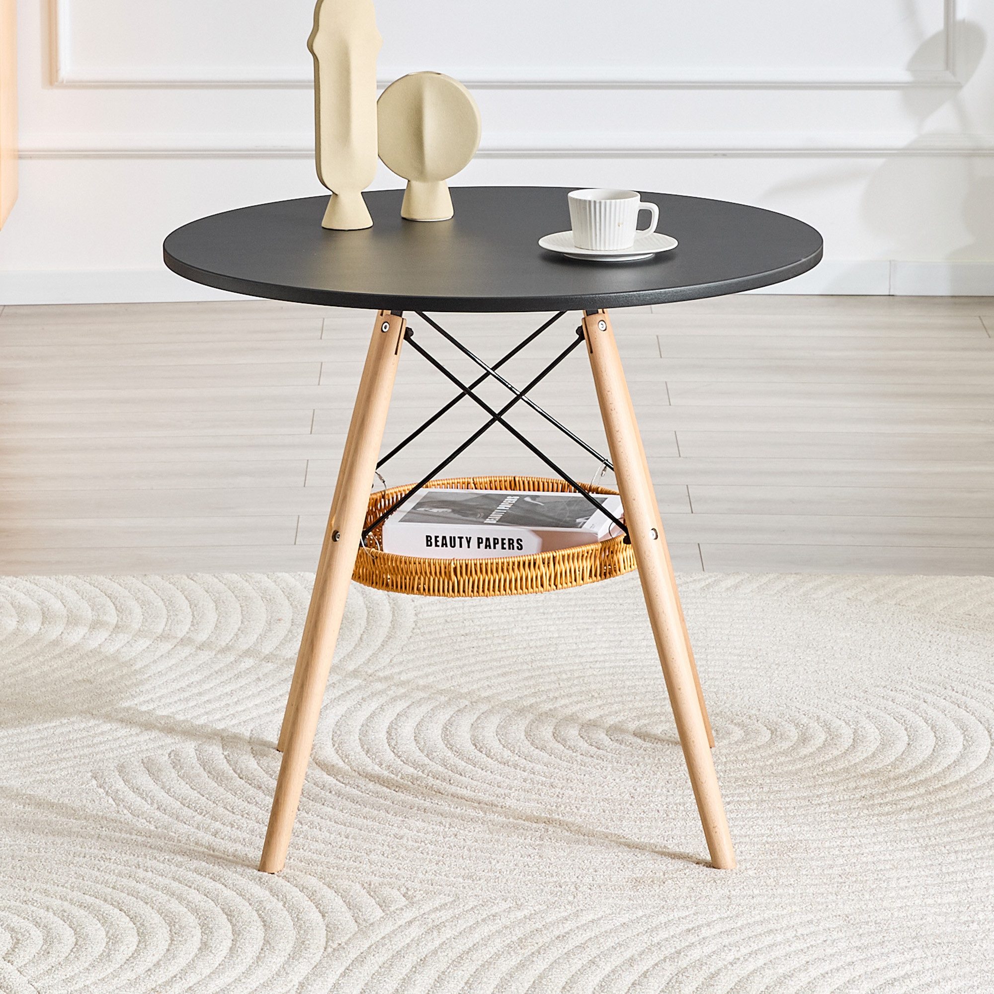 HAUSS SPOLE Esstisch mit Holzbeinen,Wohnzimmertisch Küchentisch Holz-Metallrahmen,Schwarz (Wohnzimmertisch Multifunktionstisch mit MDF-Tischplatte, Metallkreuzrahmen und Holzbeinen), Abgerundete Tischkanten für mehr Sicherheit