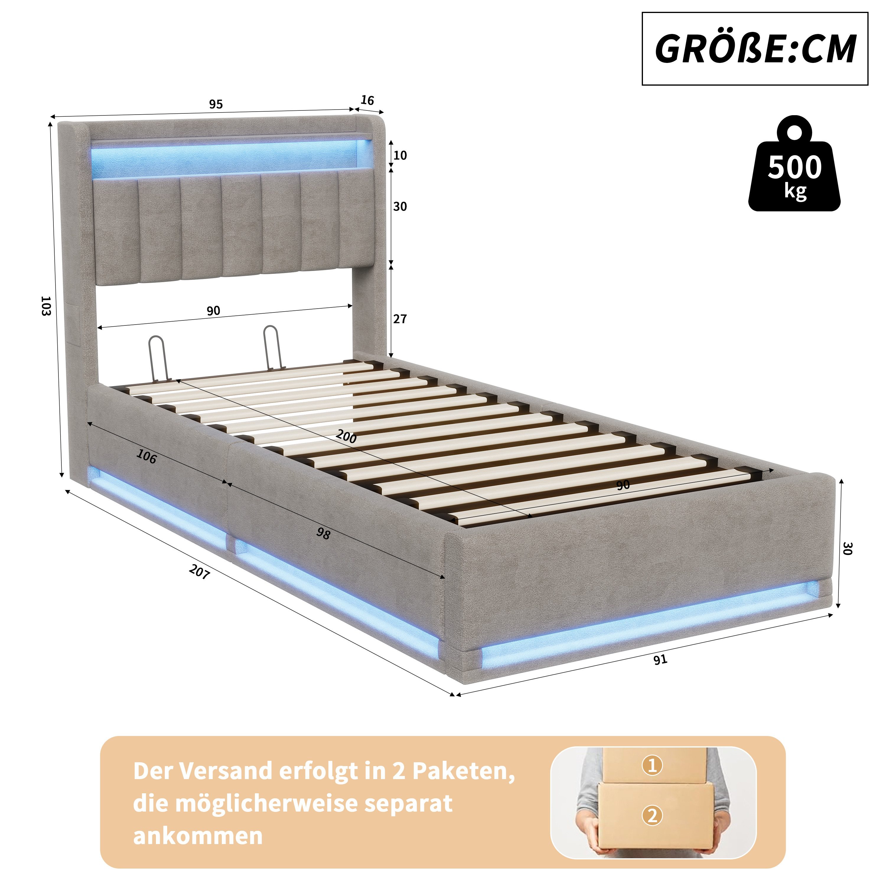 ADWOLT Polsterbett LED Hydraulisches Doppelbett (Set, 1-tlg., ohne Matratz,Ladefunktion, Samt, Grau), 90x200cm Stauraumbett - 95x207x103cm – Bild 2 von 5