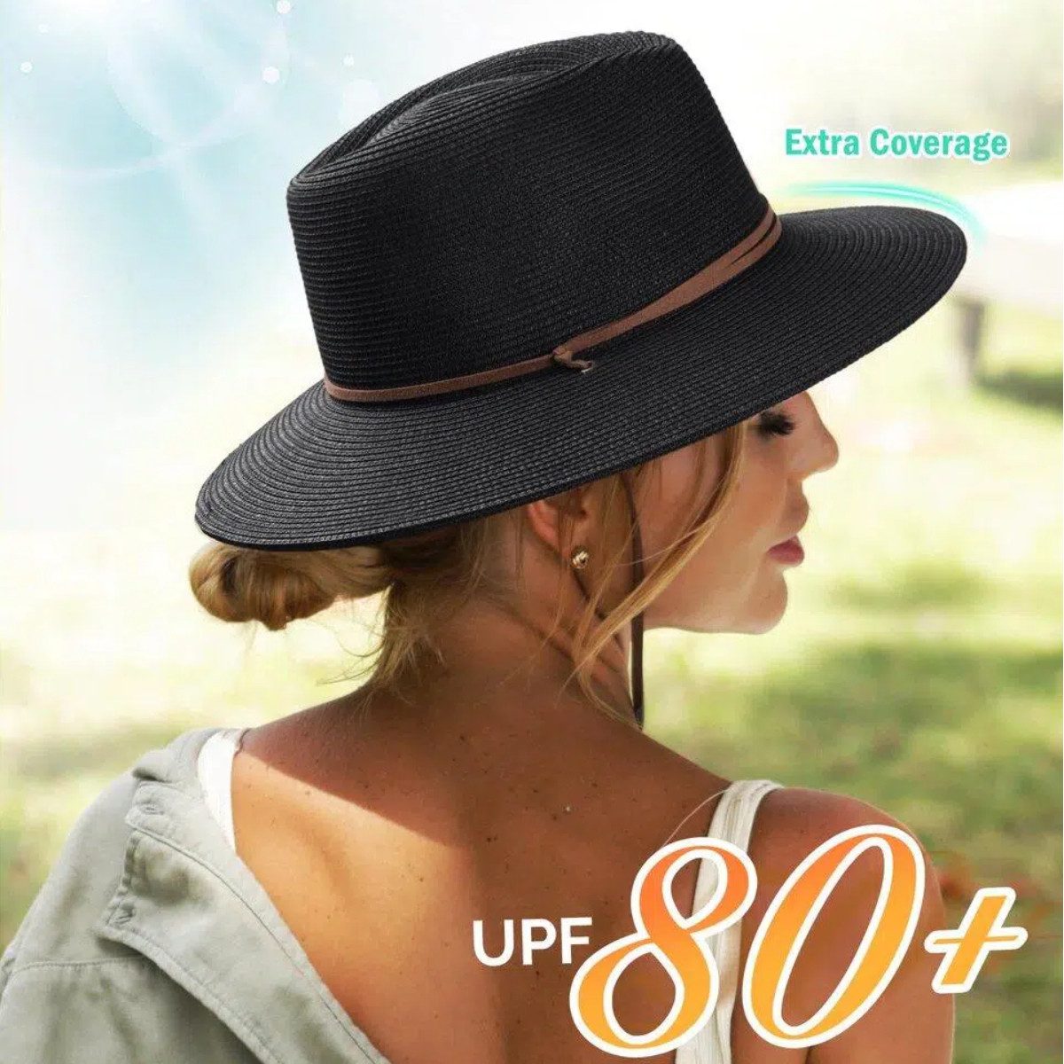 Kraftverdia Sonnenhut Damen Strohhut – UPF 80+, Windband, verstellbar, faltbar, 55-58 cm – Bild 2 von 5