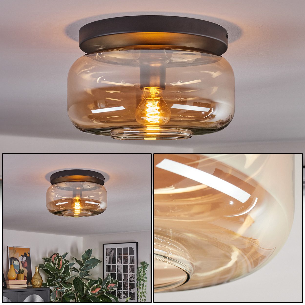 hofstein Deckenleuchte 1-flammige Deckenlampe aus Metall/Glas in Schwarz/Bernsteinfarben, ohne Leuchtmittel, moderne Leuchte im Retro/Vintage-Design (Schirm Ø 28 cm), E27