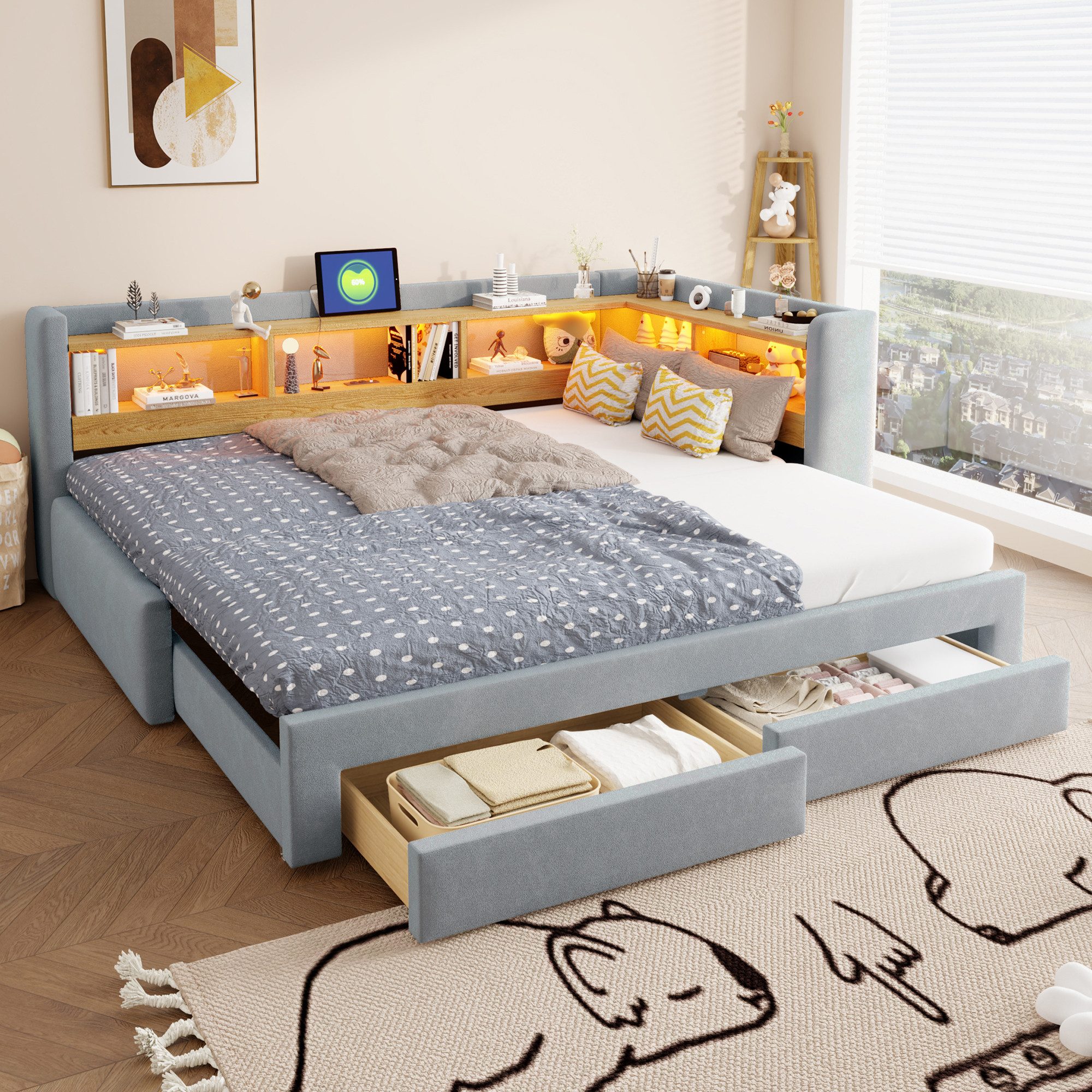 Flieks Daybett, Polsterbett 90/180x200cm mit Ausziehbett, Schubladen, LED & Aufladen
