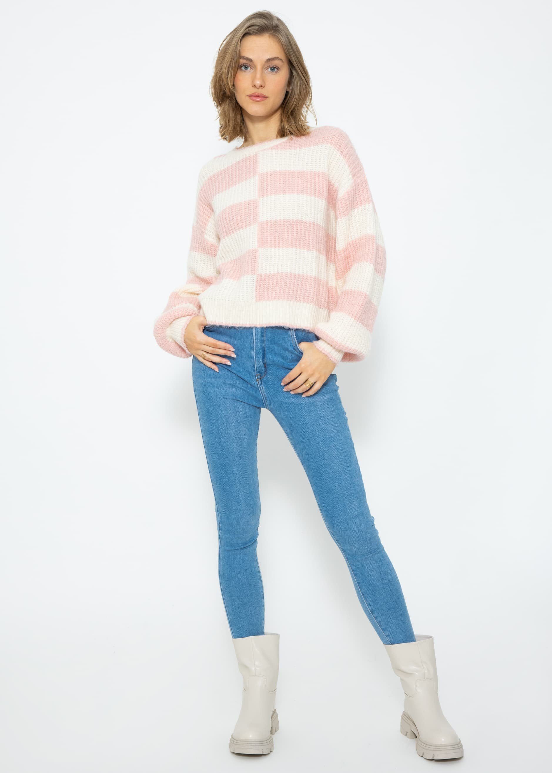 SASSYCLASSY Strickpullover Lässiger Pullover mit versetzten Blockstreifen Pullover mit versetzten Blockstreifen