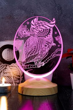 Geschenkelampe LED Nachttischlampe Eule Tier 3D Nachtlicht mit Gravierung Geschenk für Tierliebhaber, Leuchte 7 Farben fest integriert, Eule Fans, Geschenk für Tierfreunde