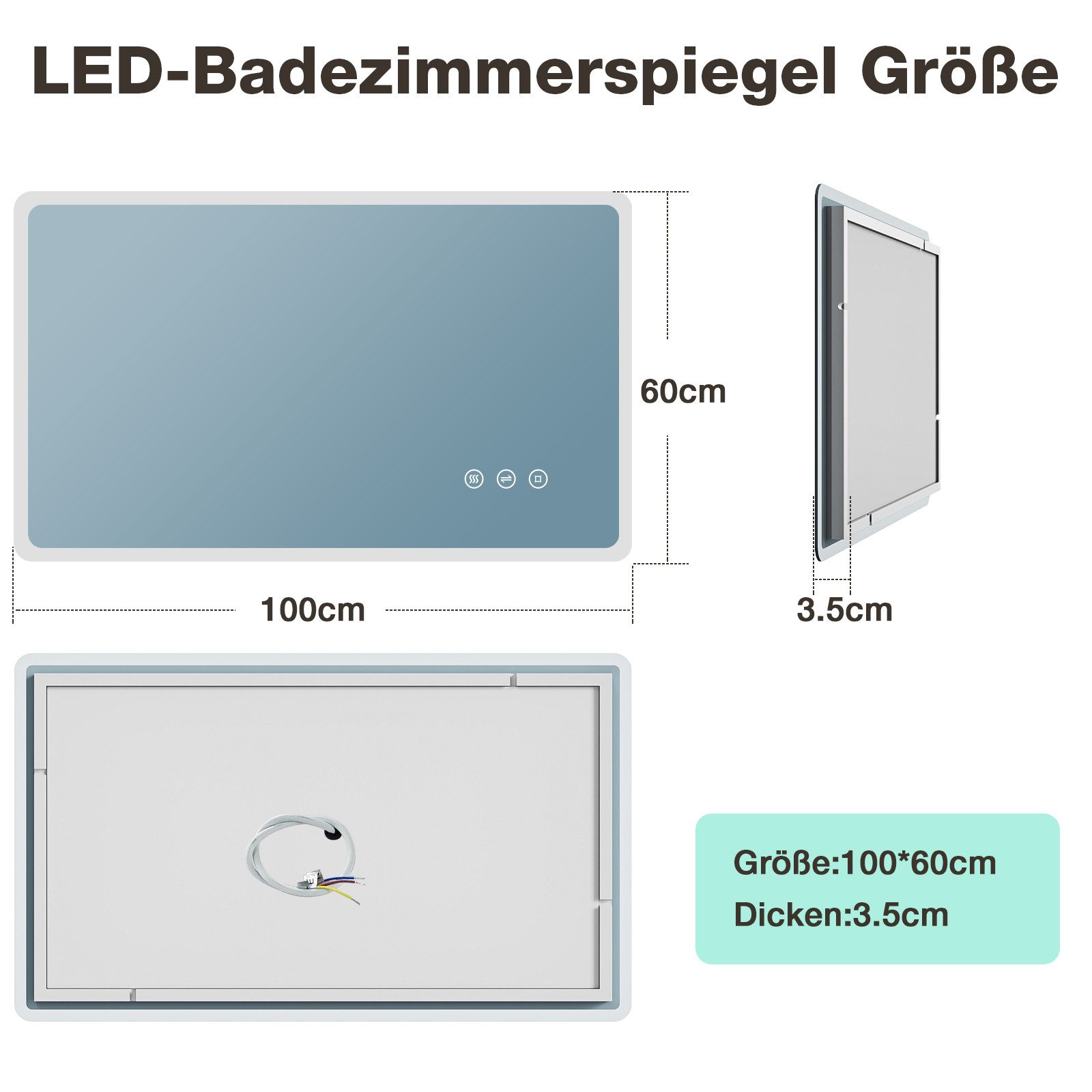 GIMBELEN Badspiegel mit LED-Beleuchtung, Badezimmerspiegel 100x60 cm, dimmbar (1-St), 3 Lichtfarbe, Anti-Beschlag, Speicherfunktion, IP44