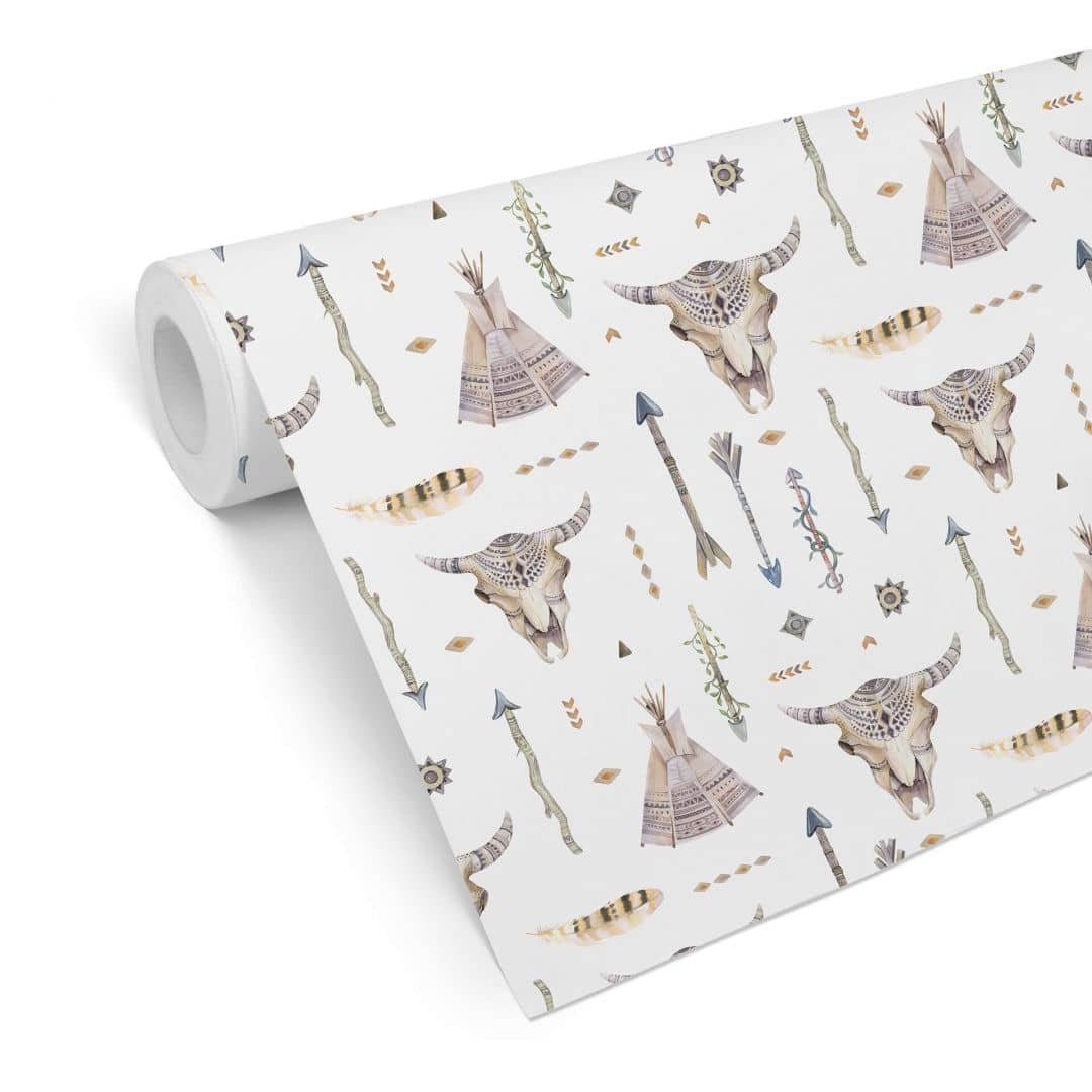 K&L Wall Art Mustertapete Kinderzimmer Vliestapete Tipi Häuptling Stier Boho Deko Mustertapete, Häuptling Indieerzelt Tapete